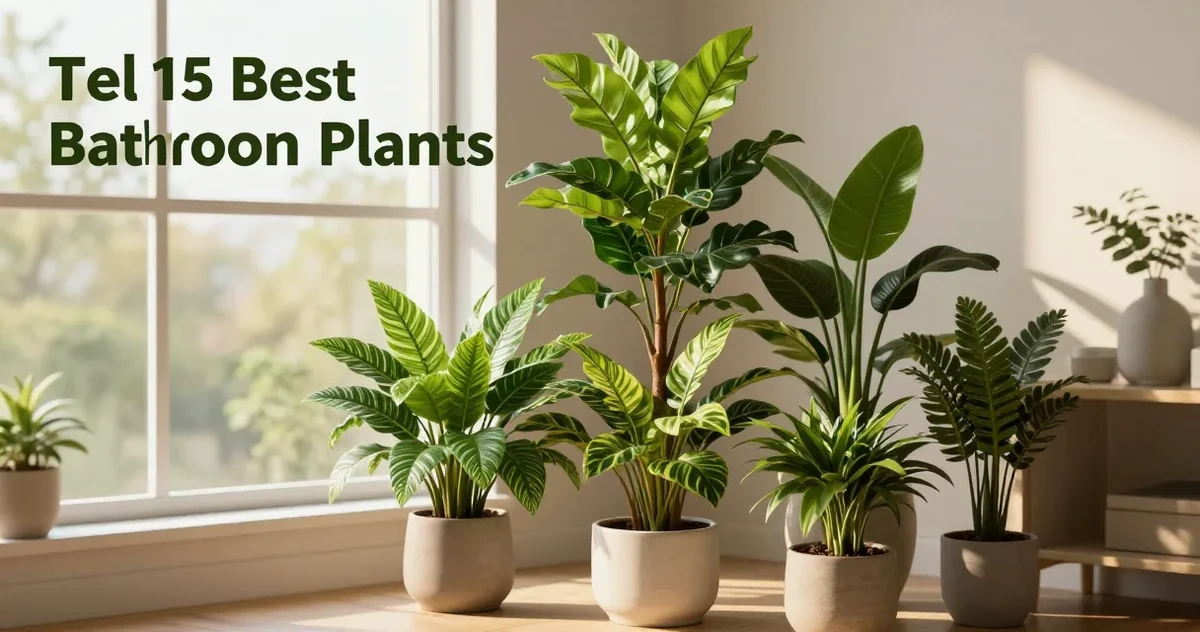 Lush green plants arranged in a bright, steamy bathroom