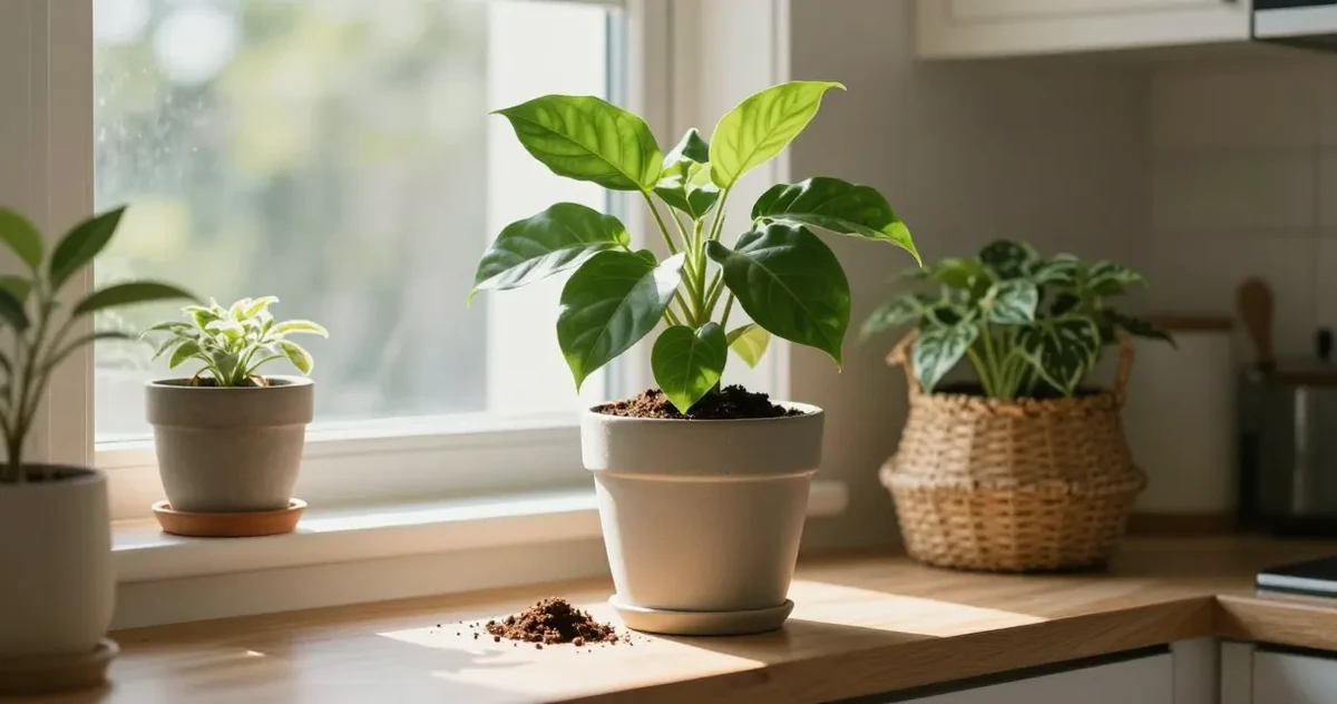 Hands mixing potting soil amendments including perlite and orchid bark for indoor plants