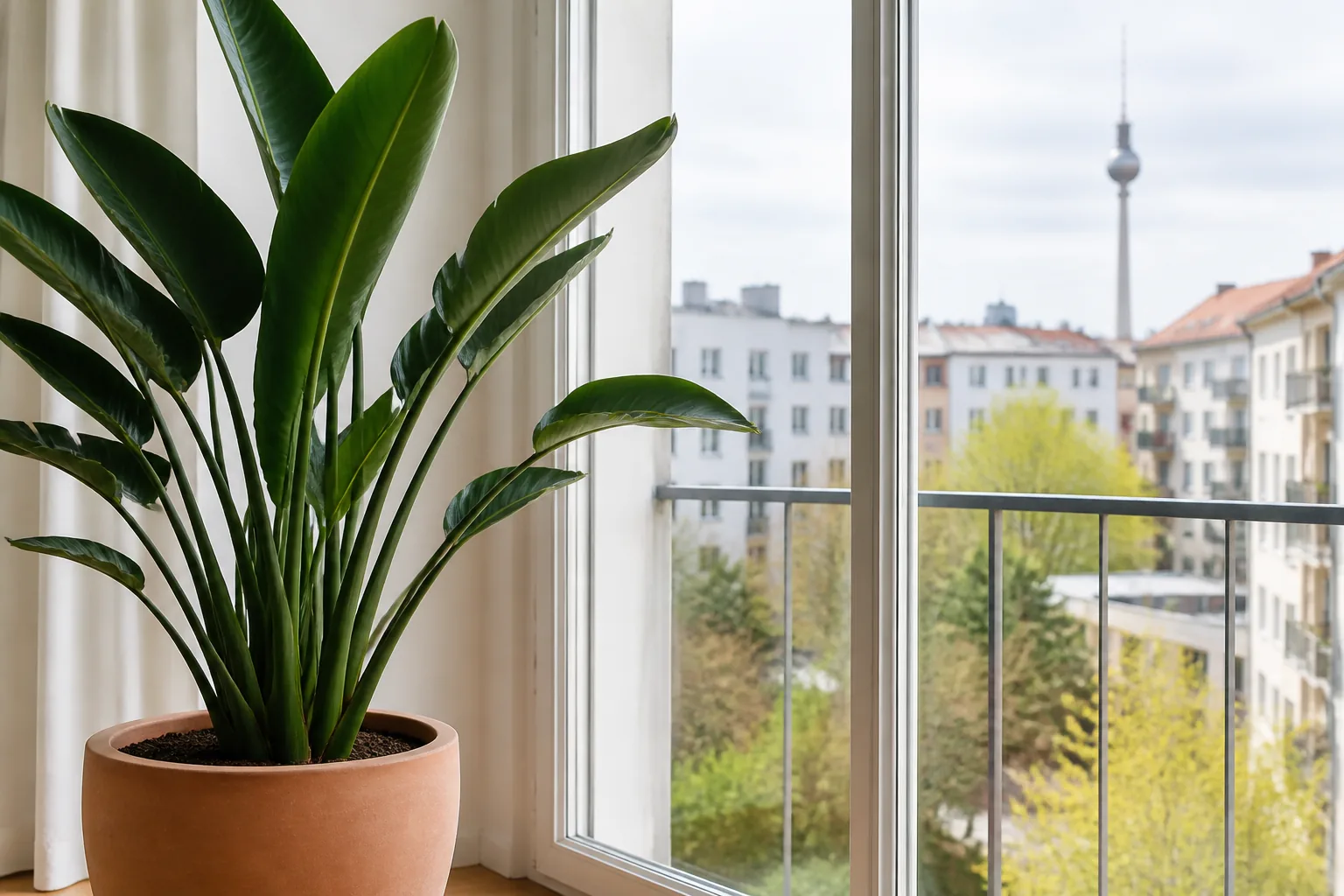 Orange bird of paradise Strelitzia reginae growing beside a bright window in Berlin