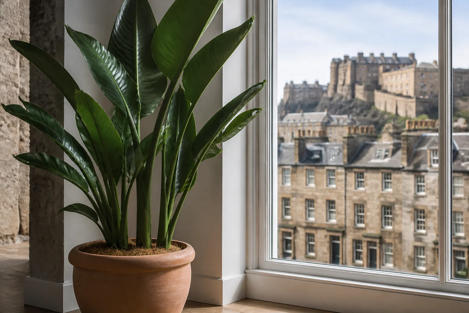 Orange bird of paradise Strelitzia reginae growing beside a bright window in Edinburgh