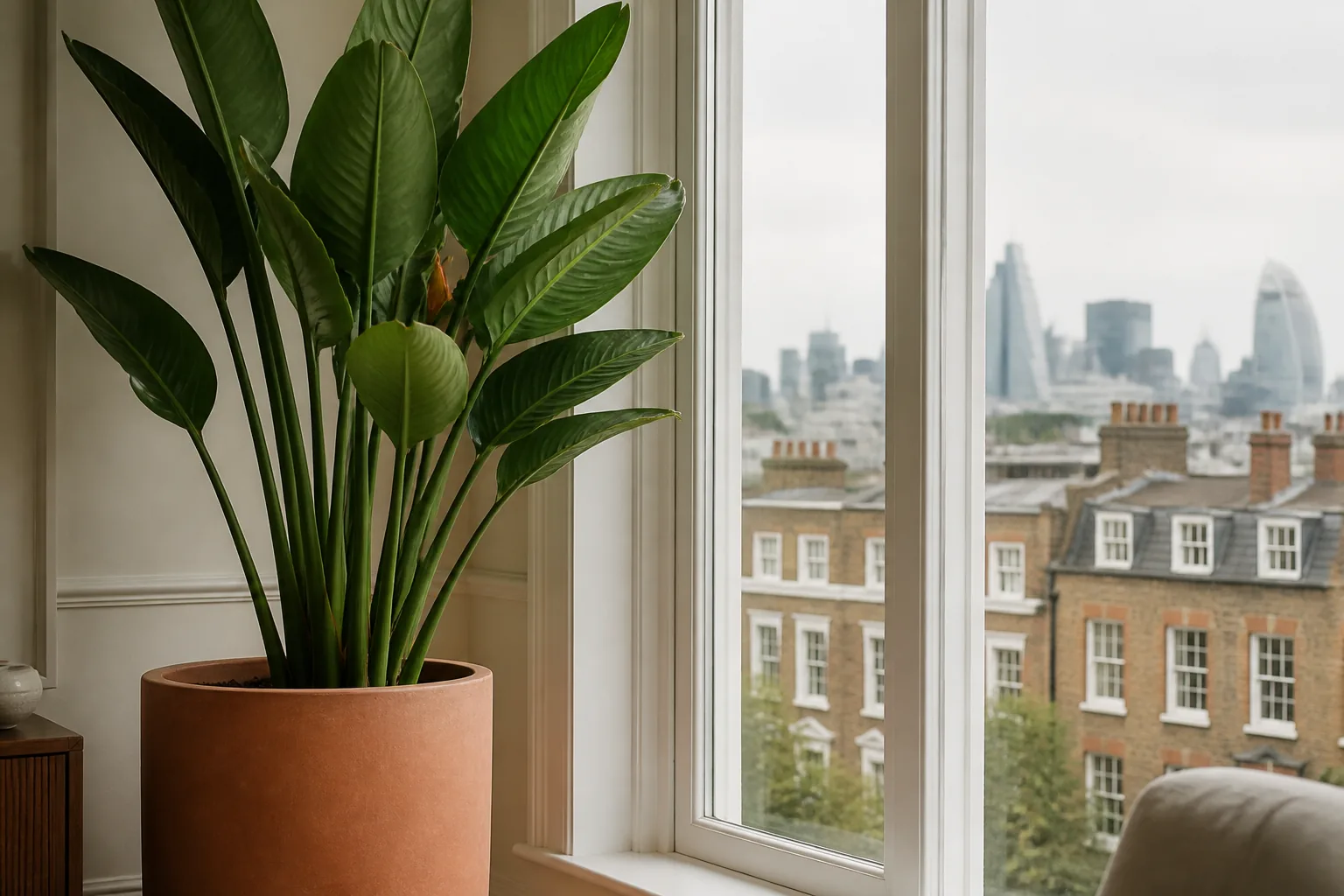 Orange bird of paradise Strelitzia reginae growing beside a bright window in London