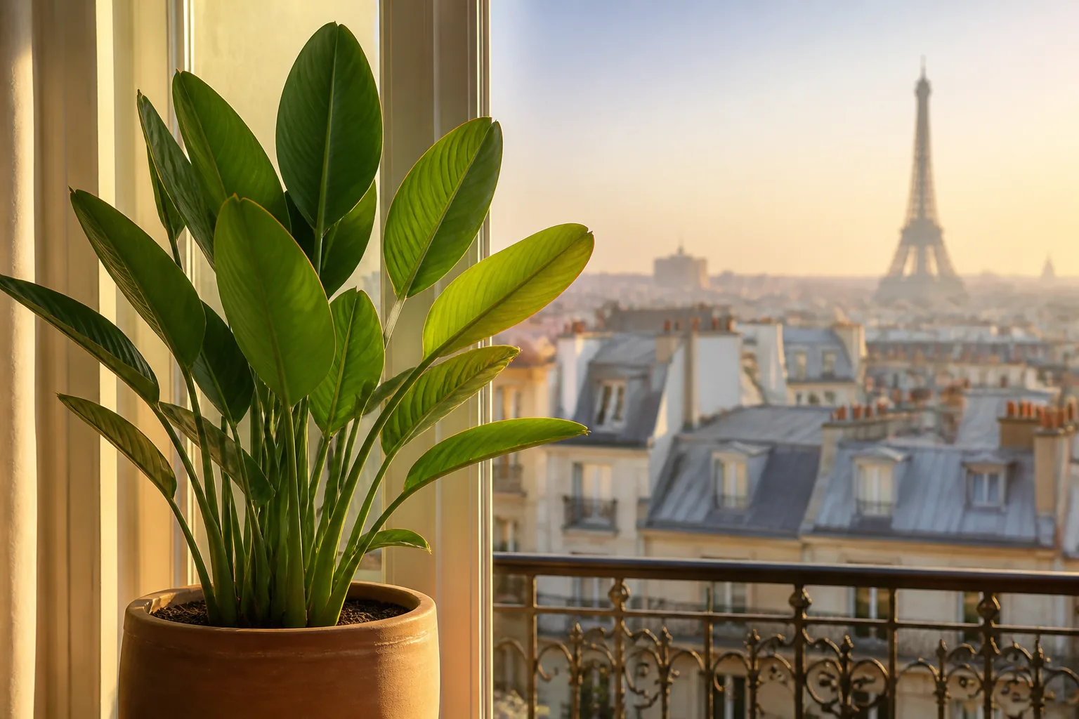 Orange bird of paradise Strelitzia reginae growing beside a bright window in Paris