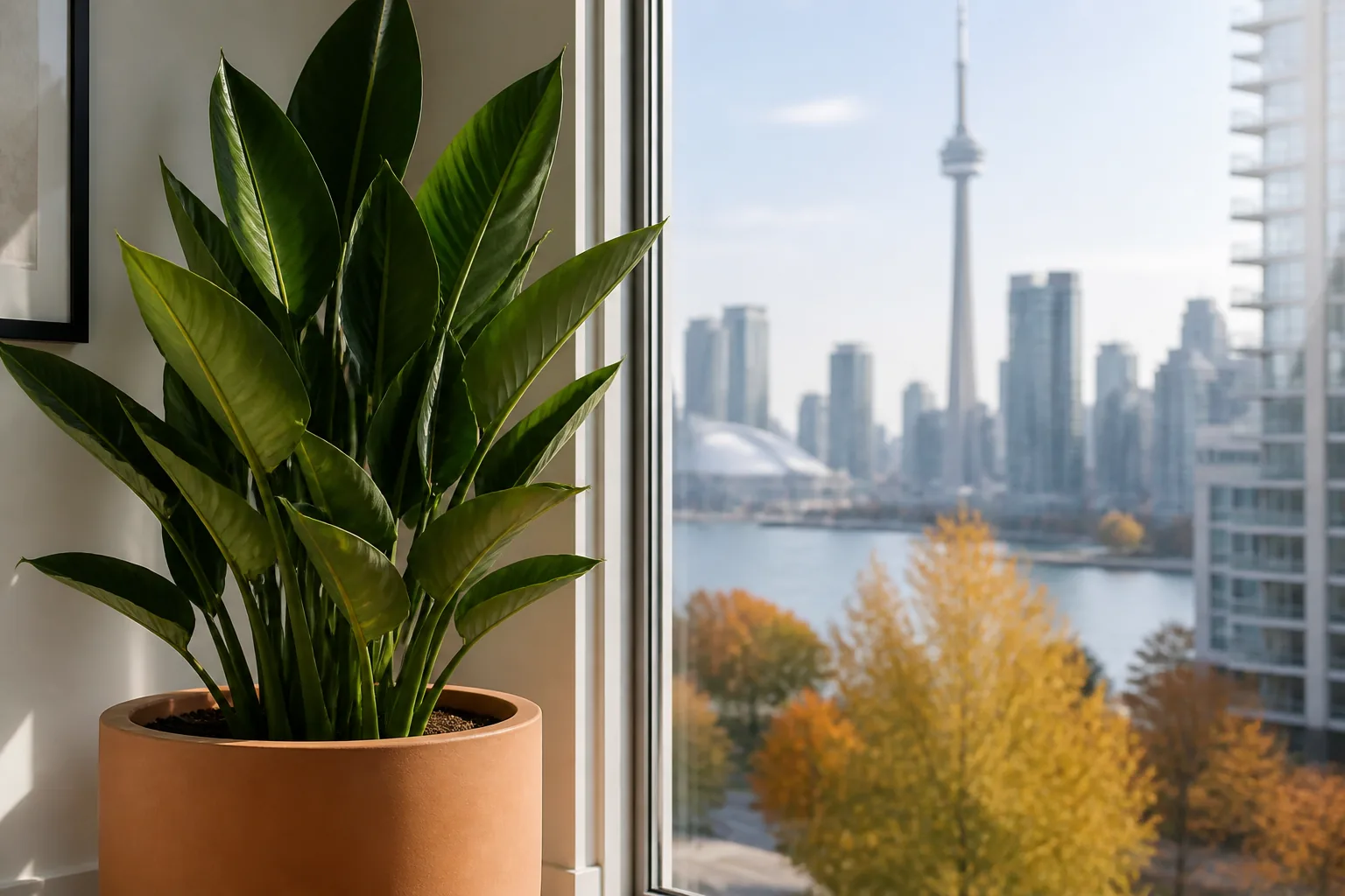 Orange bird of paradise Strelitzia reginae growing beside a bright window in Toronto