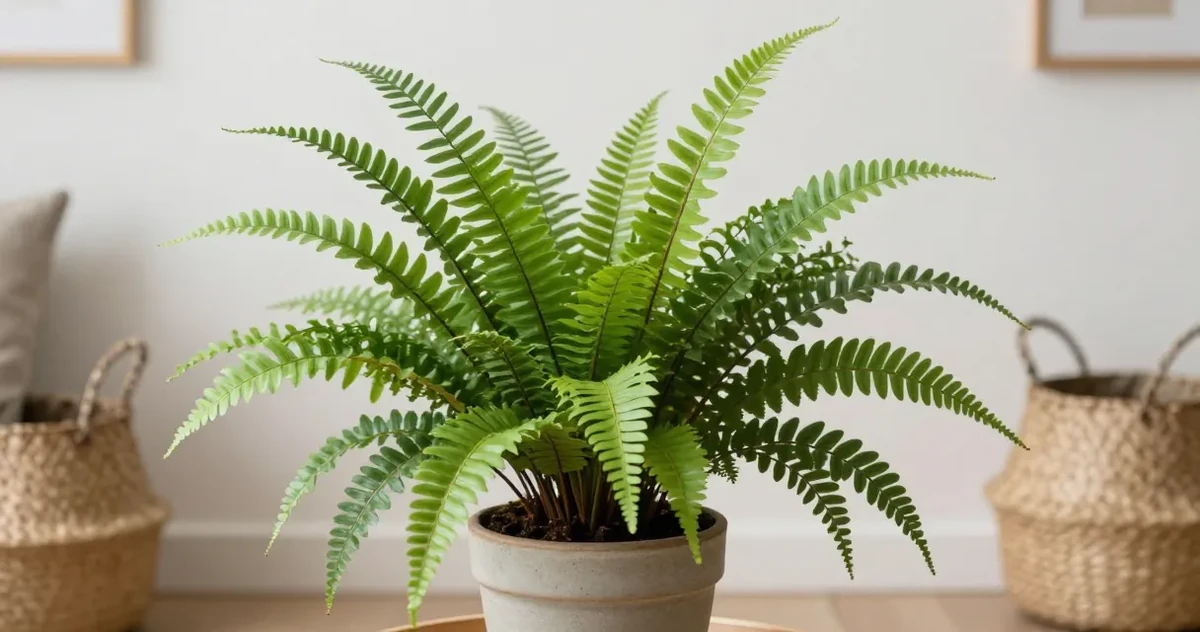 Boston fern with full, arching fronds in a bright indoor space