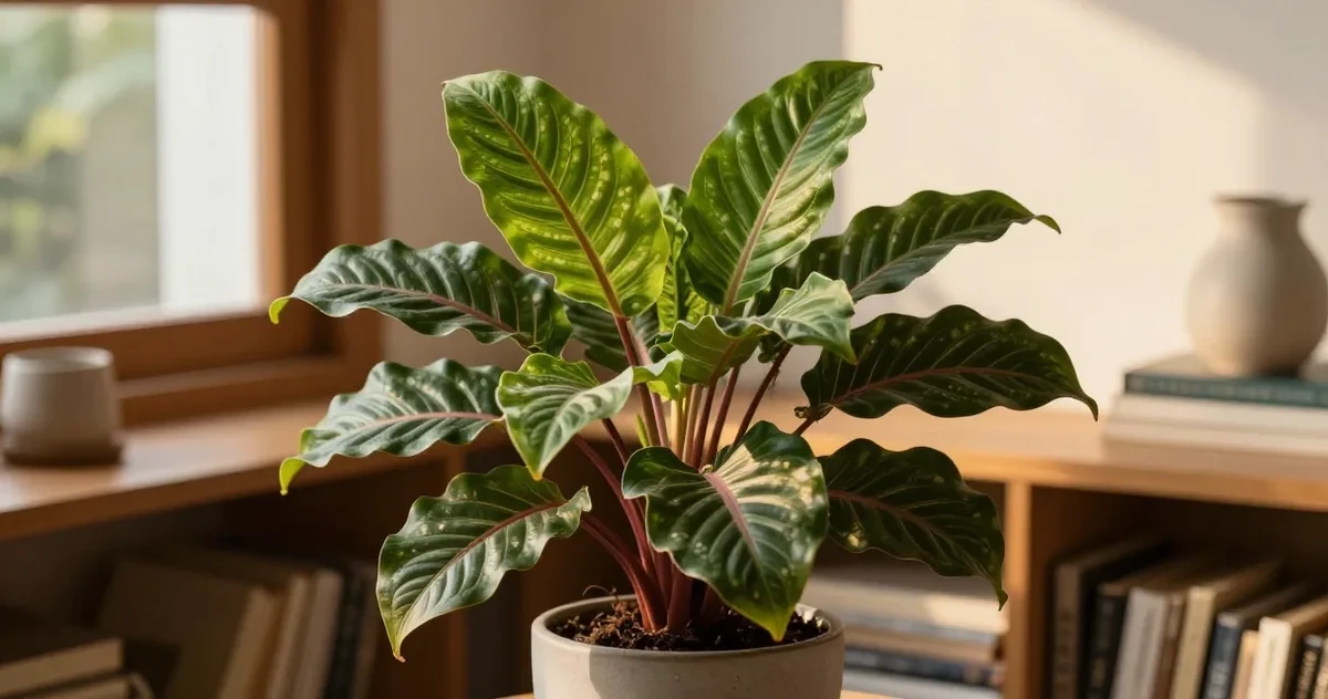 Calathea plant with bold patterned leaves in a bright indoor setting