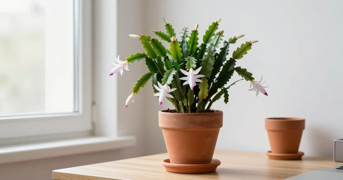 Christmas cactus with pink blooms in a terracotta pot on a windowsill