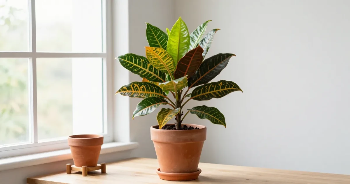 Colorful croton plant with red, orange, yellow, and green patterned leaves near a bright window