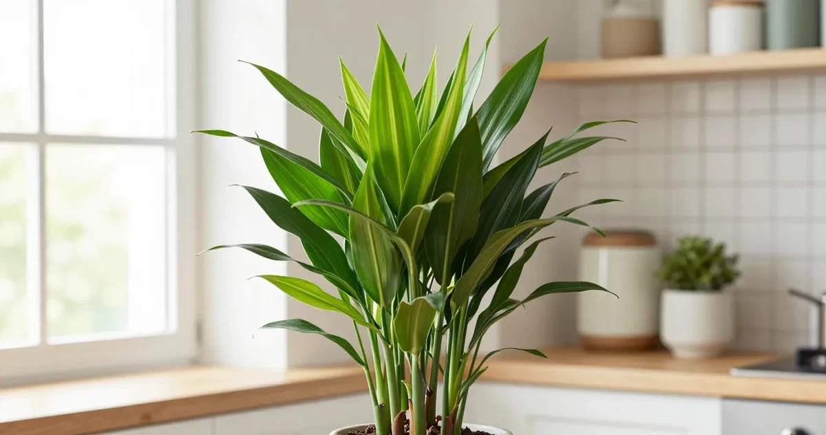 Dracaena plant with tall cane stems and strappy green leaves against a bright wall