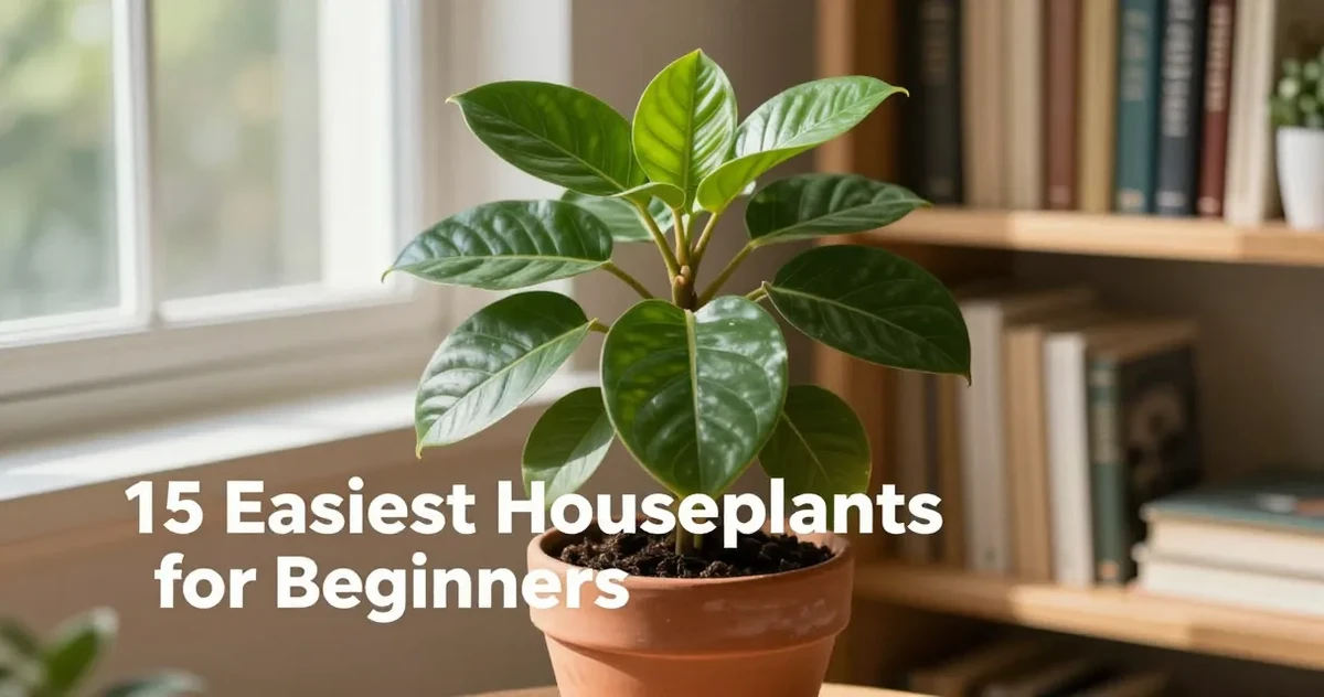 A collection of easy houseplants including pothos, snake plant, and ZZ plant arranged on a bright windowsill