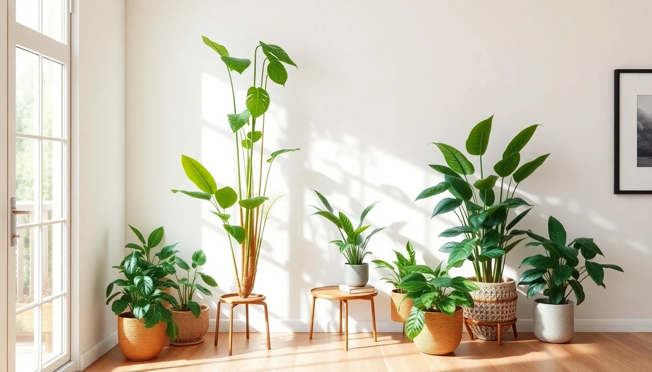 Feng shui plants arranged in a bright living room with soft sunlight and balanced placement