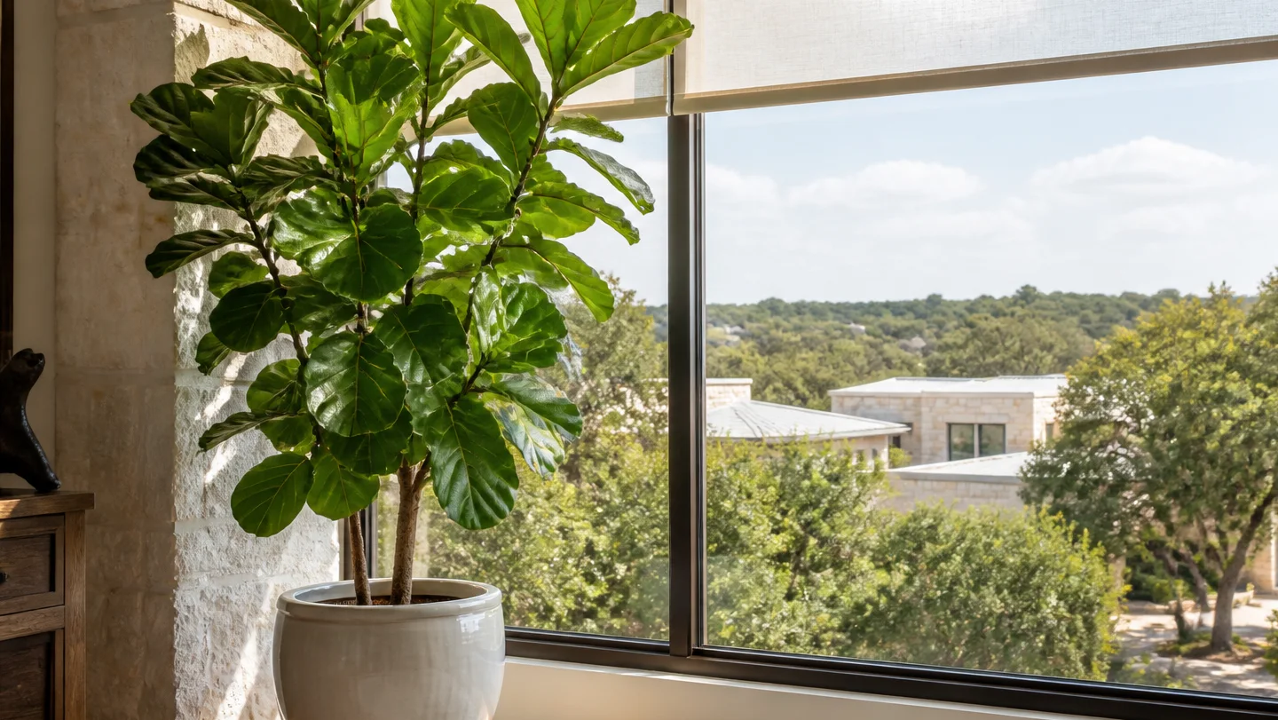 Fiddle leaf fig growing indoors by a window in Austin