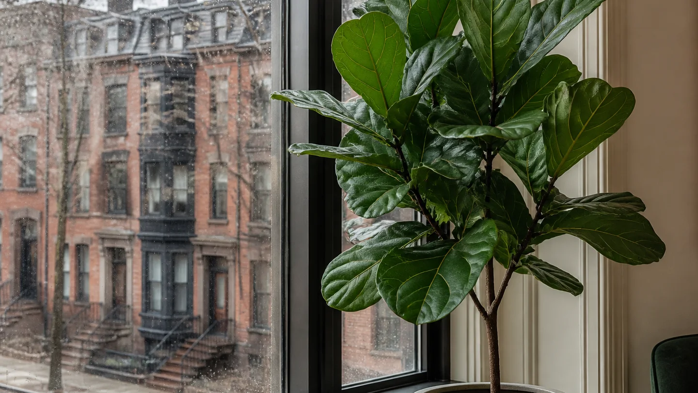 Fiddle leaf fig growing indoors by a window in Boston