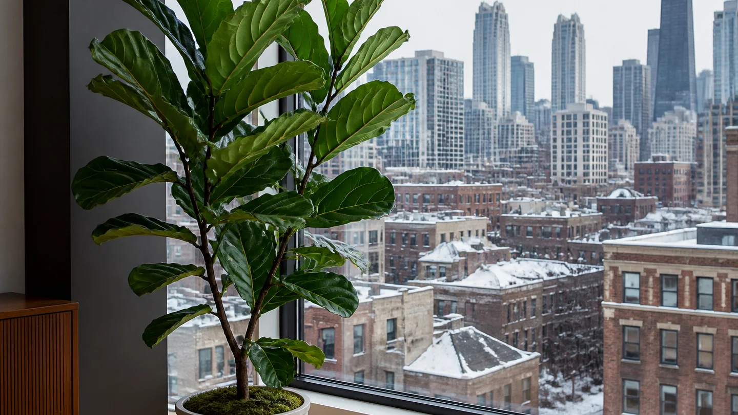 Fiddle leaf fig growing indoors by a window in Chicago