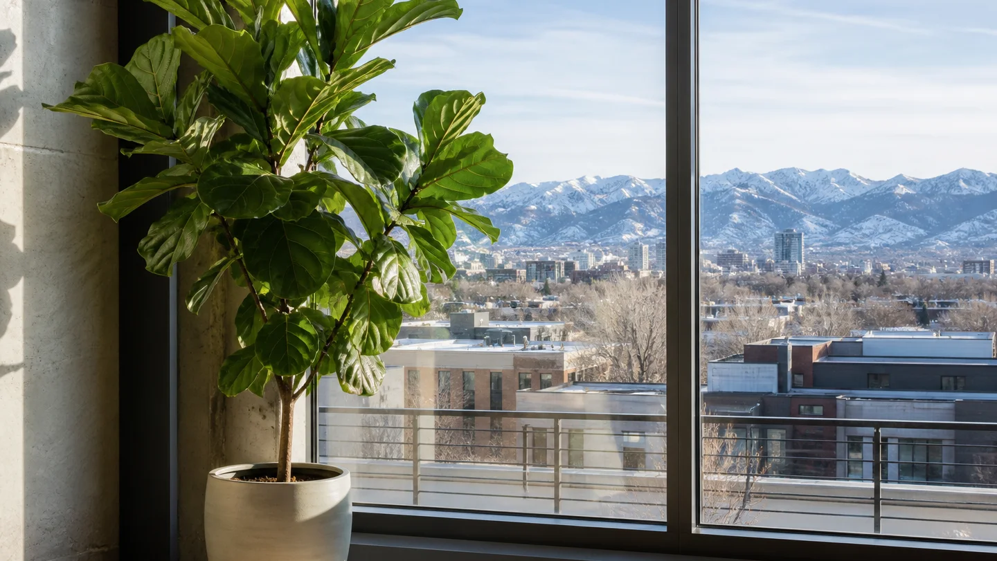 Fiddle leaf fig growing indoors by a window in Denver