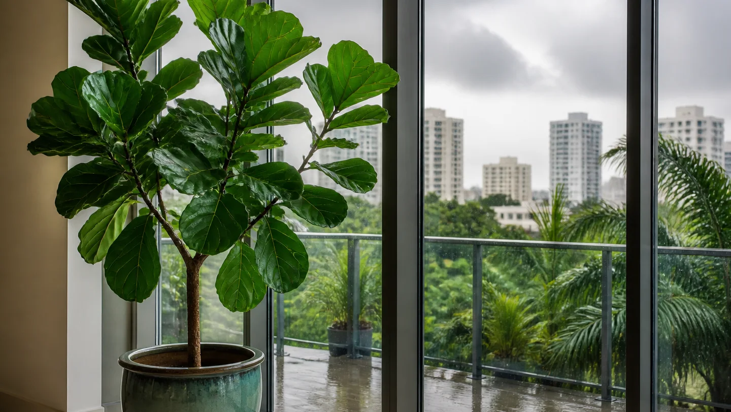 Fiddle leaf fig growing indoors by a window in Miami