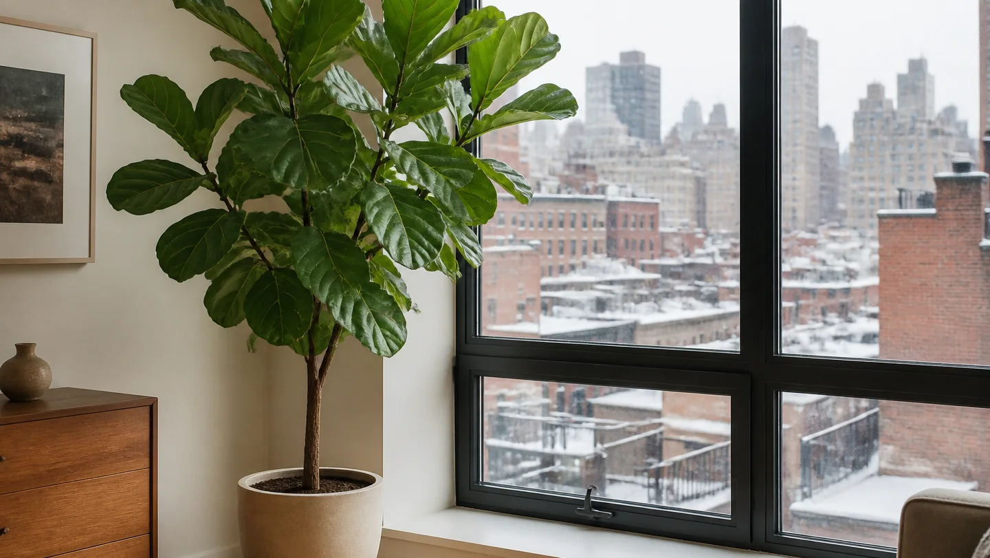 Fiddle leaf fig growing indoors by a window in New York City