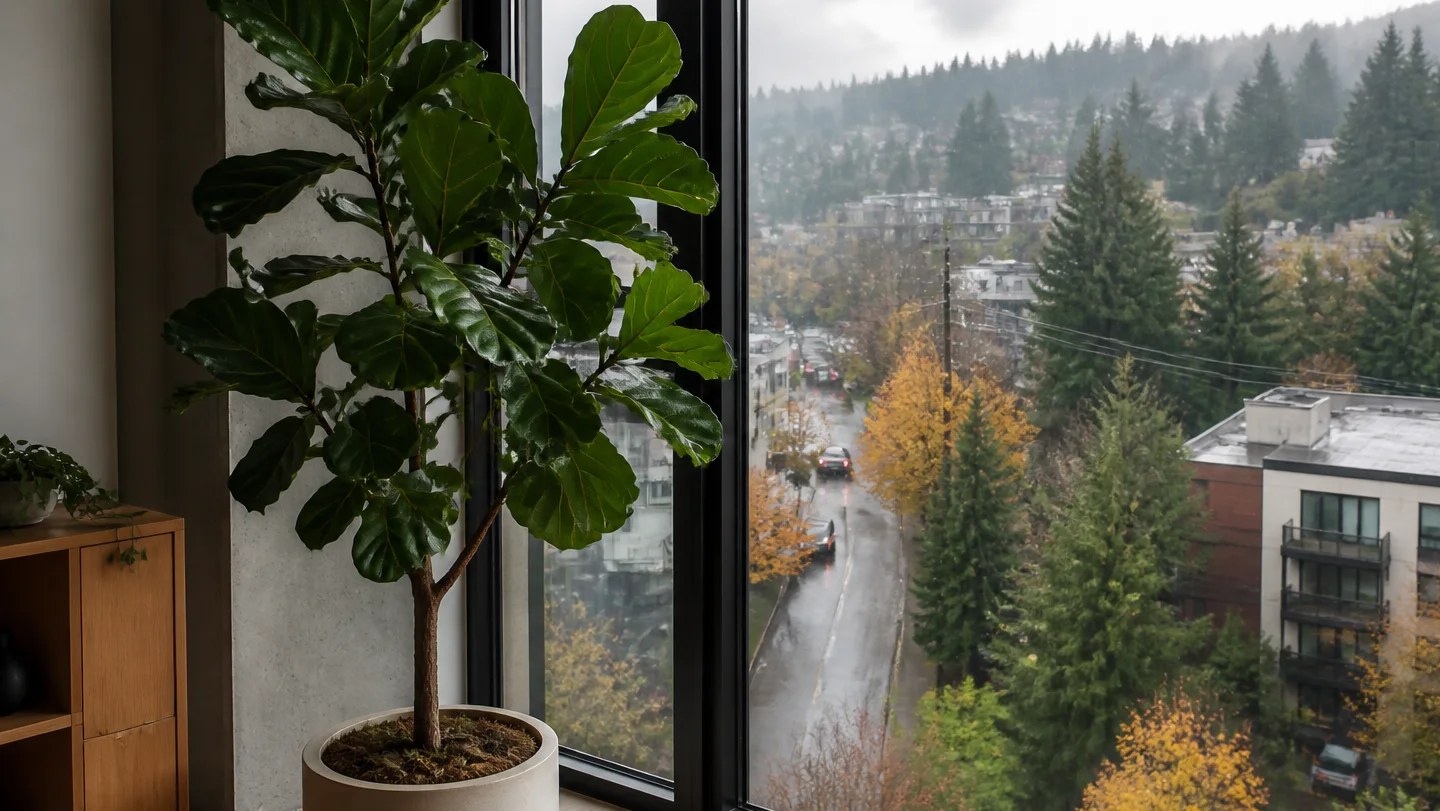 Fiddle leaf fig growing indoors by a window in Portland