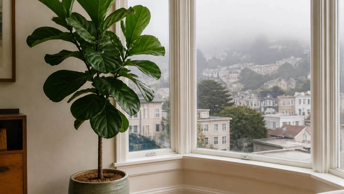 Fiddle leaf fig growing indoors by a window in San Francisco