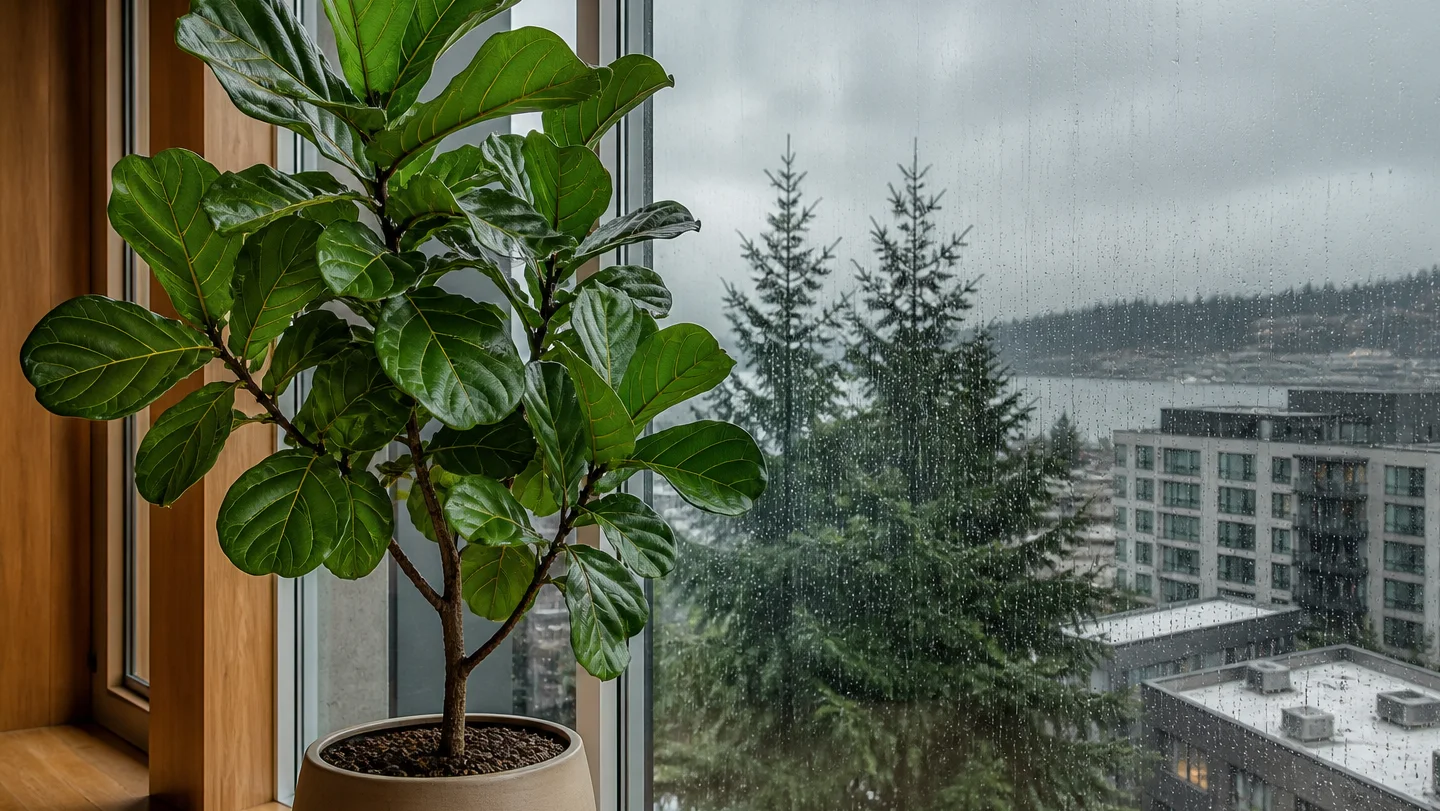 Fiddle leaf fig growing indoors by a window in Seattle