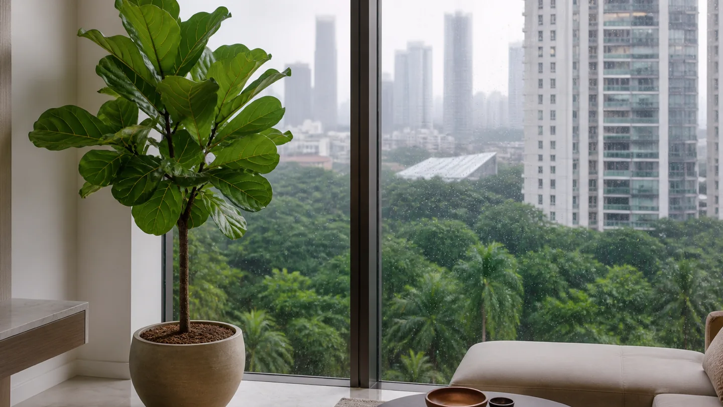 Fiddle leaf fig growing indoors by a window in Singapore