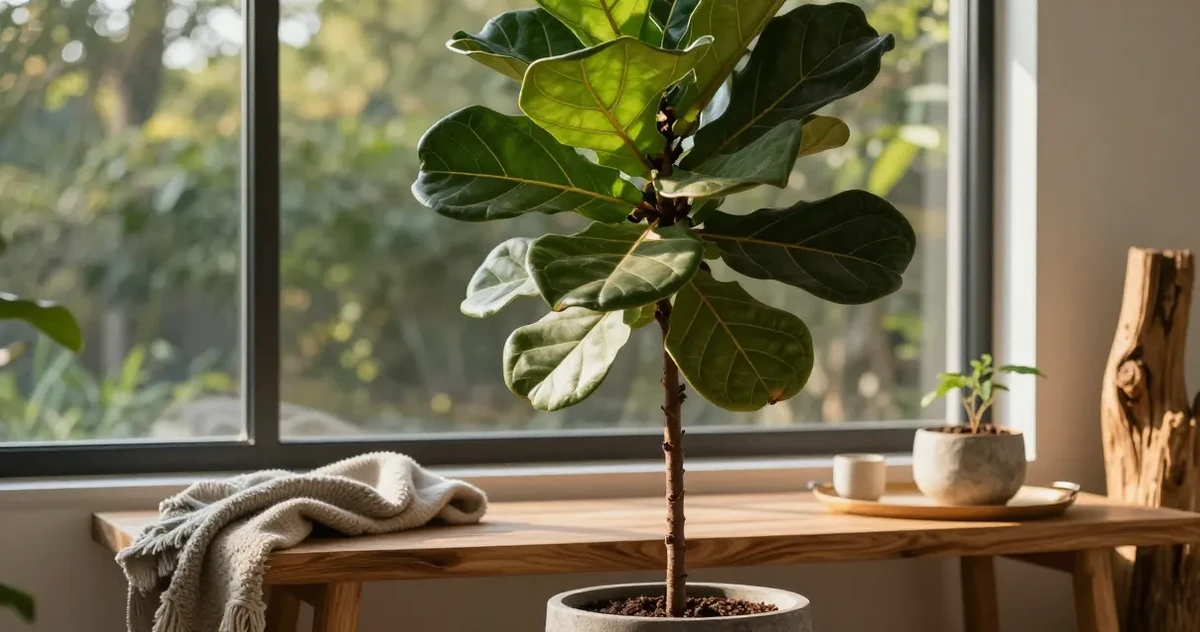 Fiddle leaf fig stem being pruned with clean scissors just above a leaf node