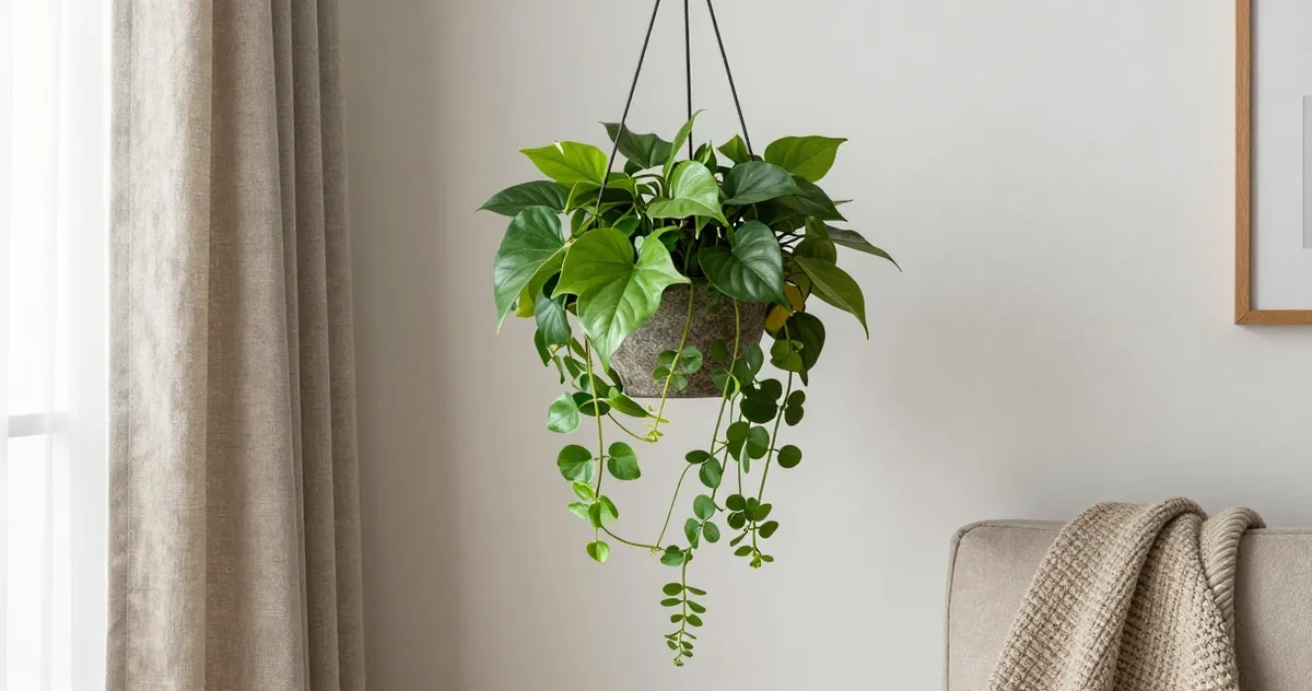 Assorted indoor hanging plants trailing from shelves and a ceiling hook in a bright room