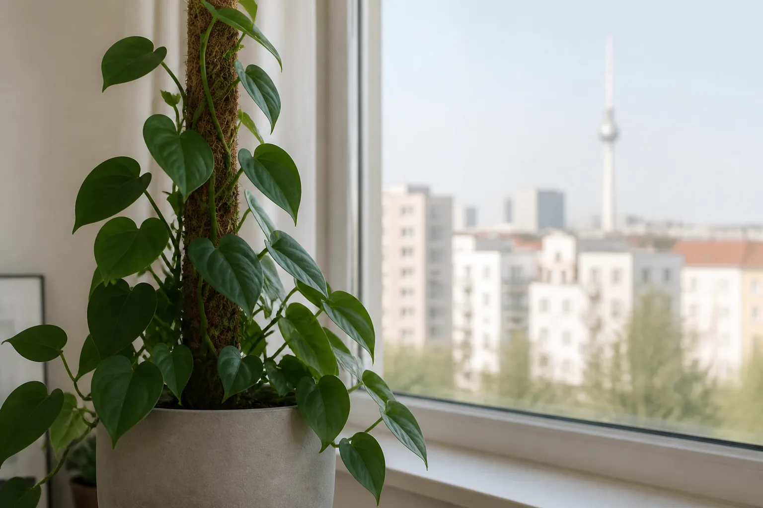 Heartleaf philodendron Philodendron hederaceum trailing beside a window in Berlin