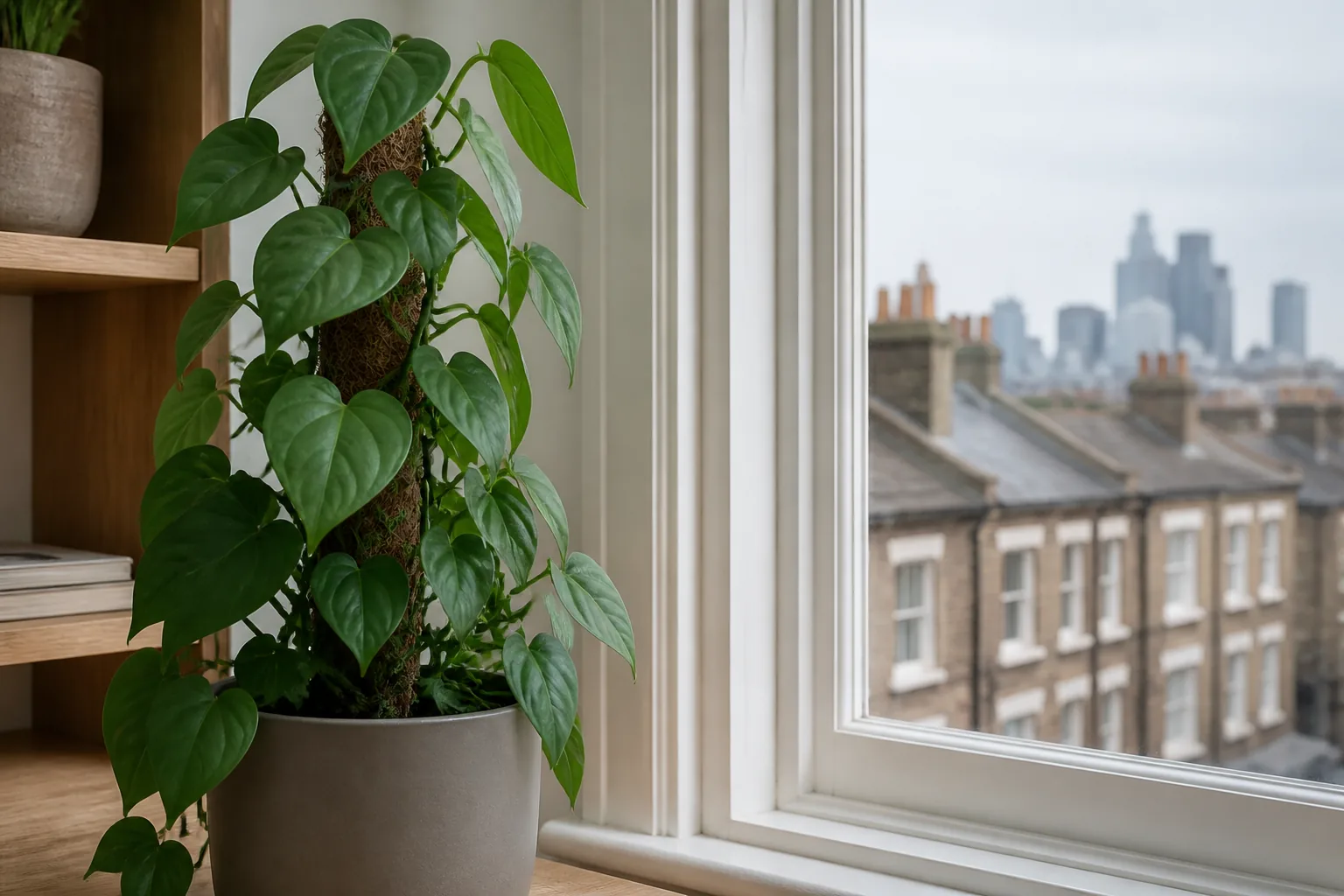 Heartleaf philodendron Philodendron hederaceum trailing beside a window in London