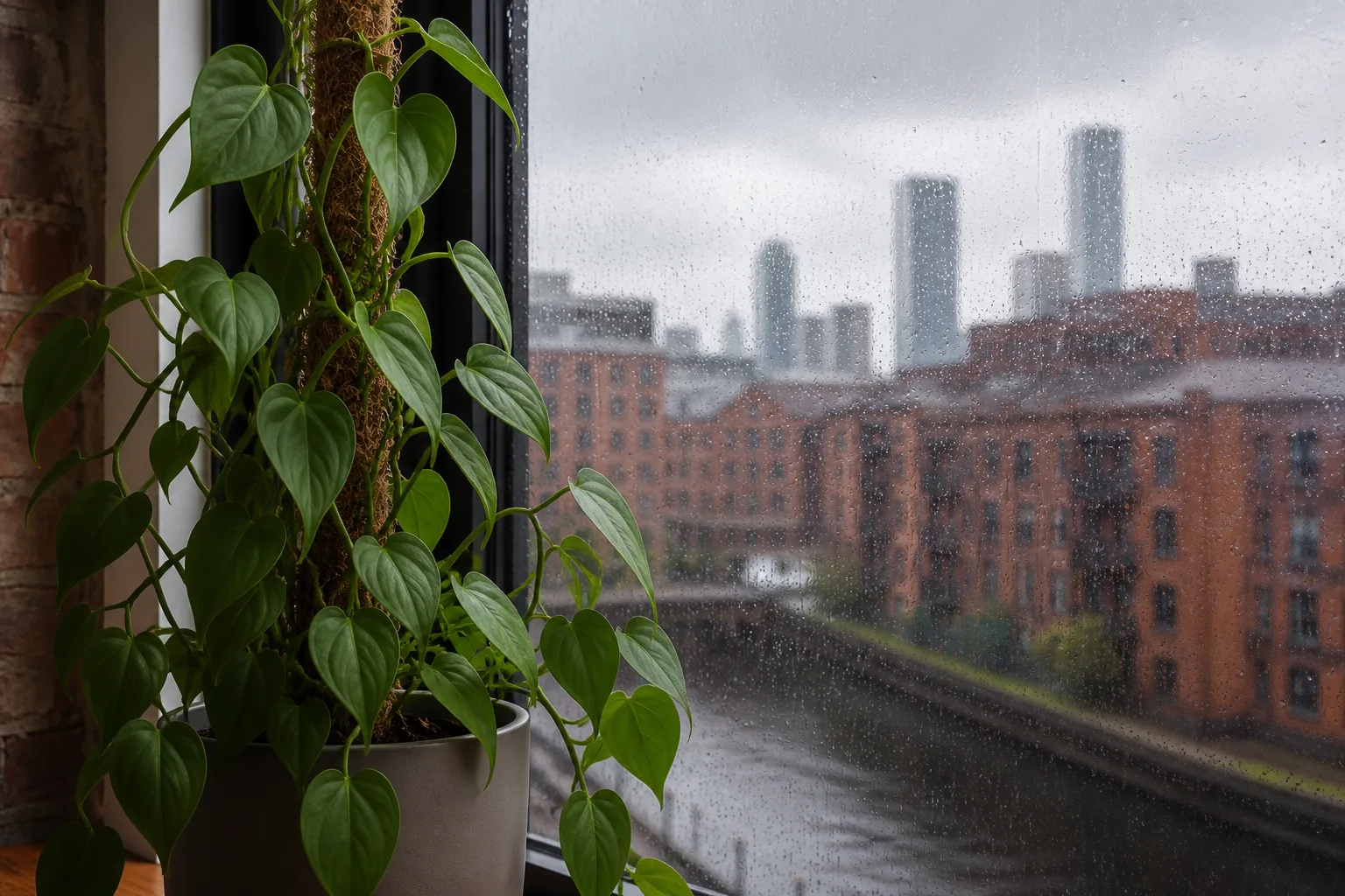 Heartleaf philodendron Philodendron hederaceum trailing beside a window in Manchester