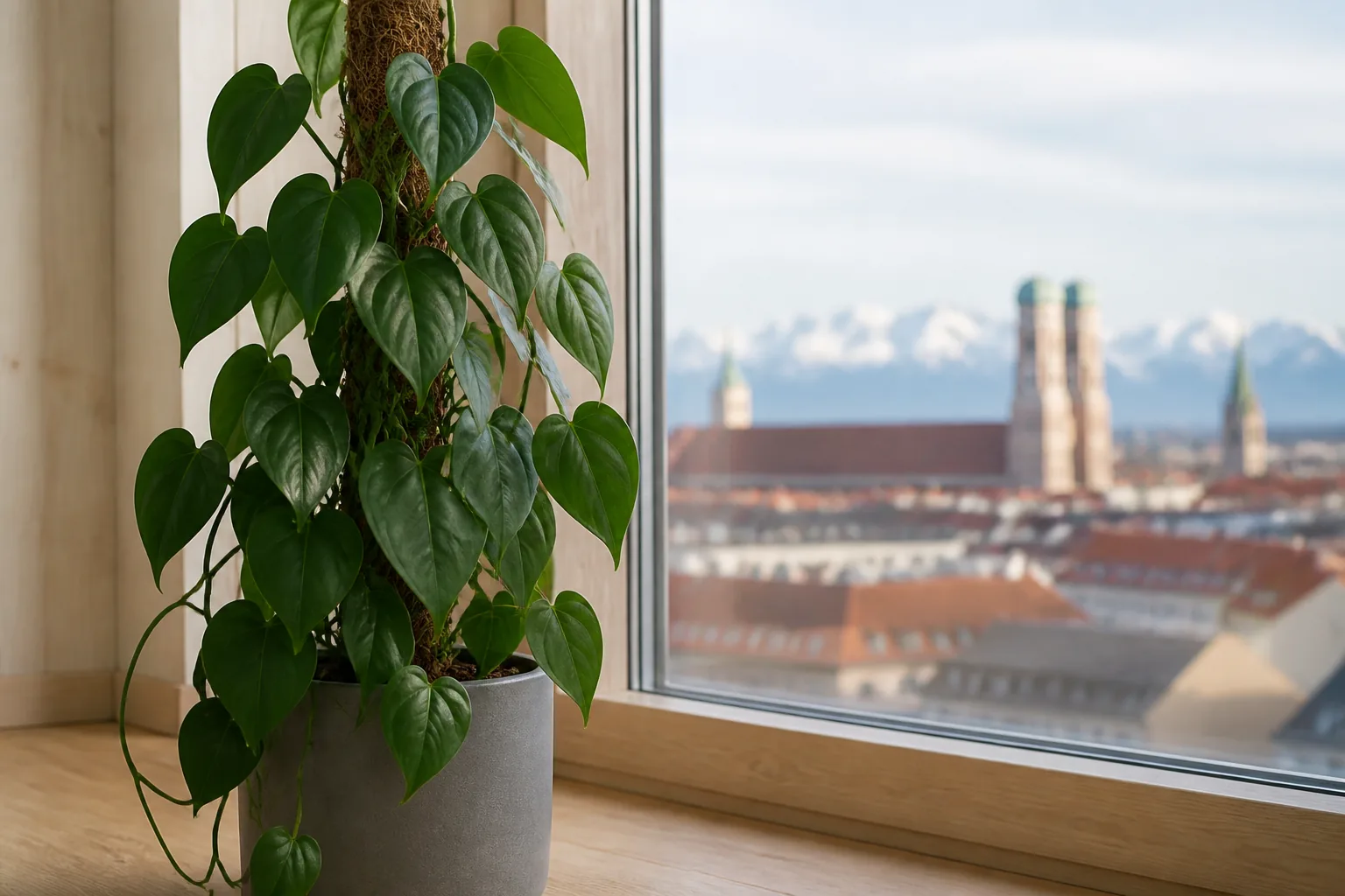 Heartleaf philodendron Philodendron hederaceum trailing beside a window in Munich