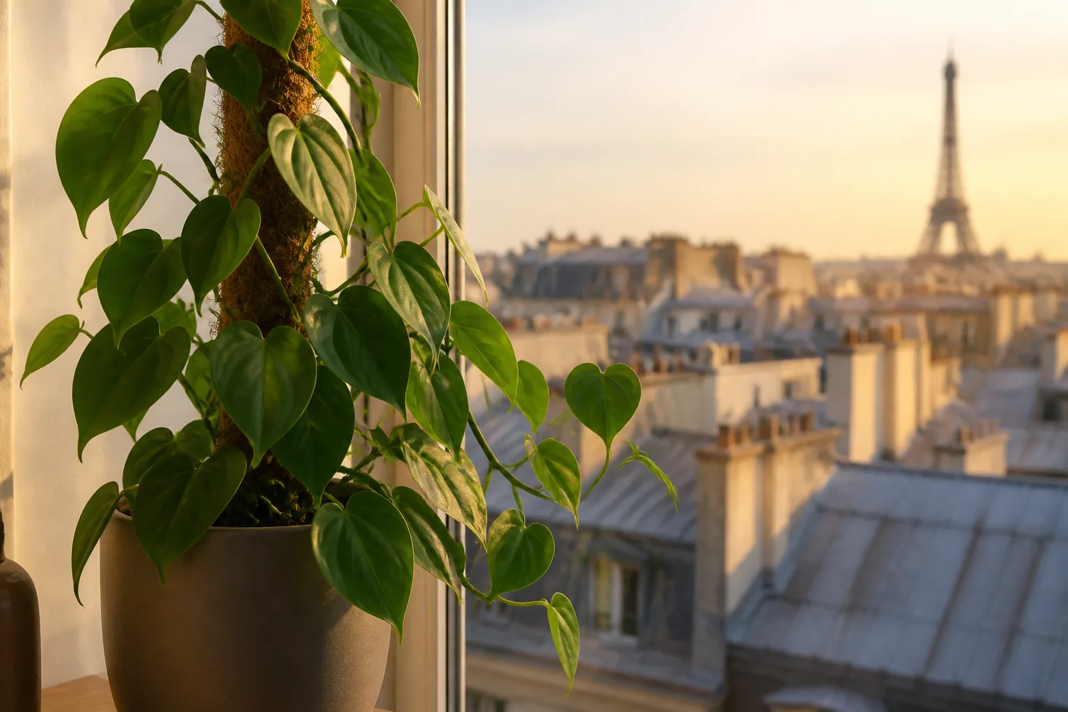 Heartleaf philodendron Philodendron hederaceum trailing beside a window in Paris