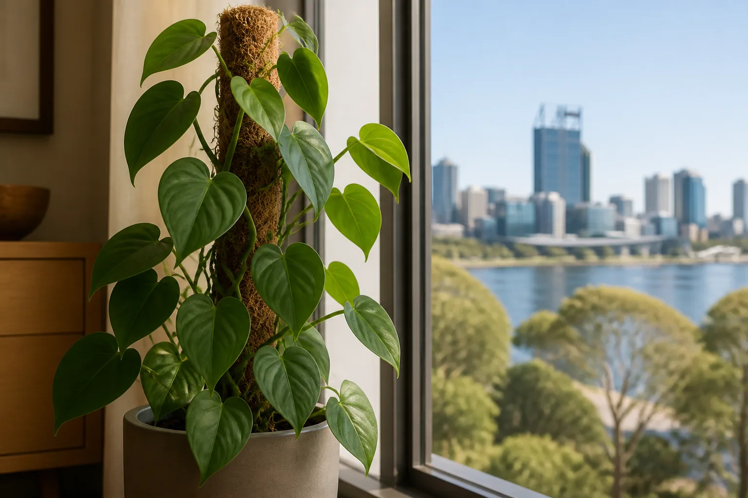 Heartleaf philodendron Philodendron hederaceum trailing beside a window in Perth