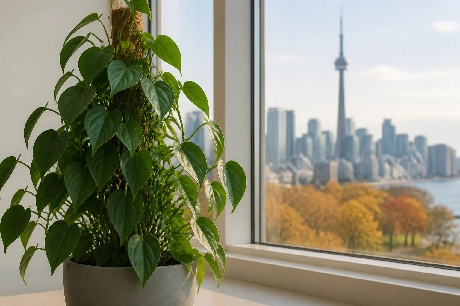 Heartleaf philodendron Philodendron hederaceum trailing beside a window in Toronto
