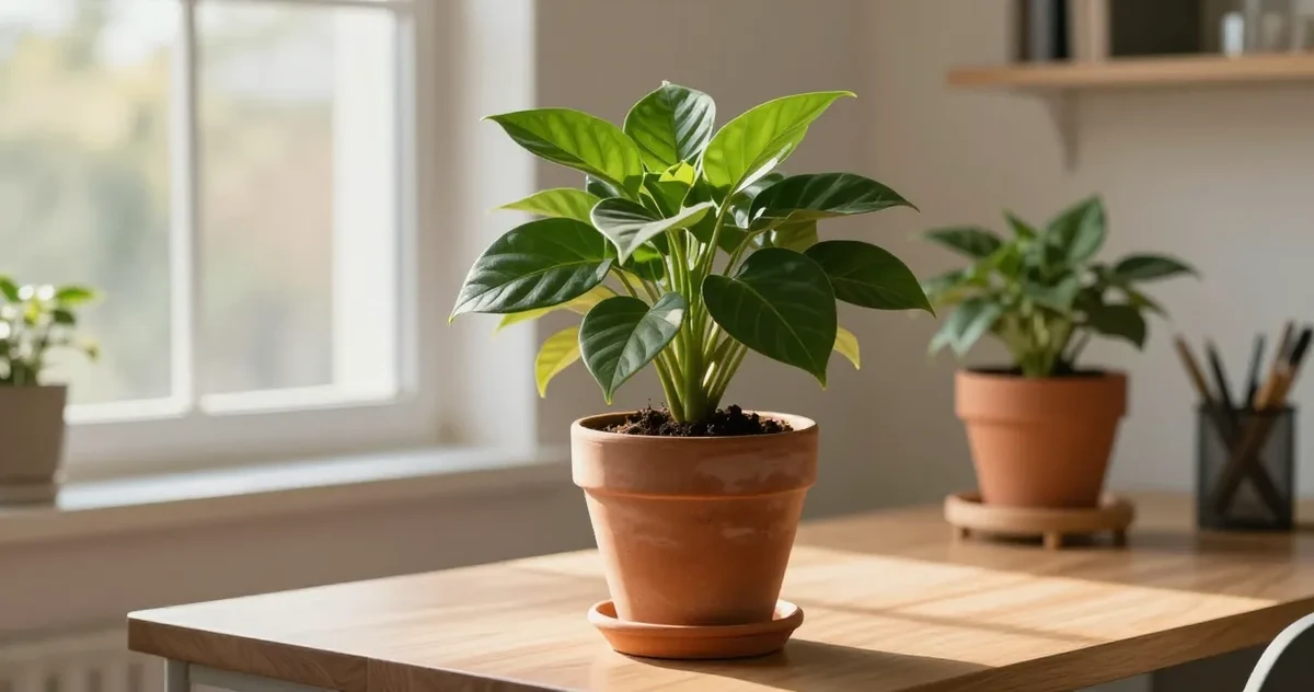 Hand checking soil moisture of an indoor plant in a terracotta pot