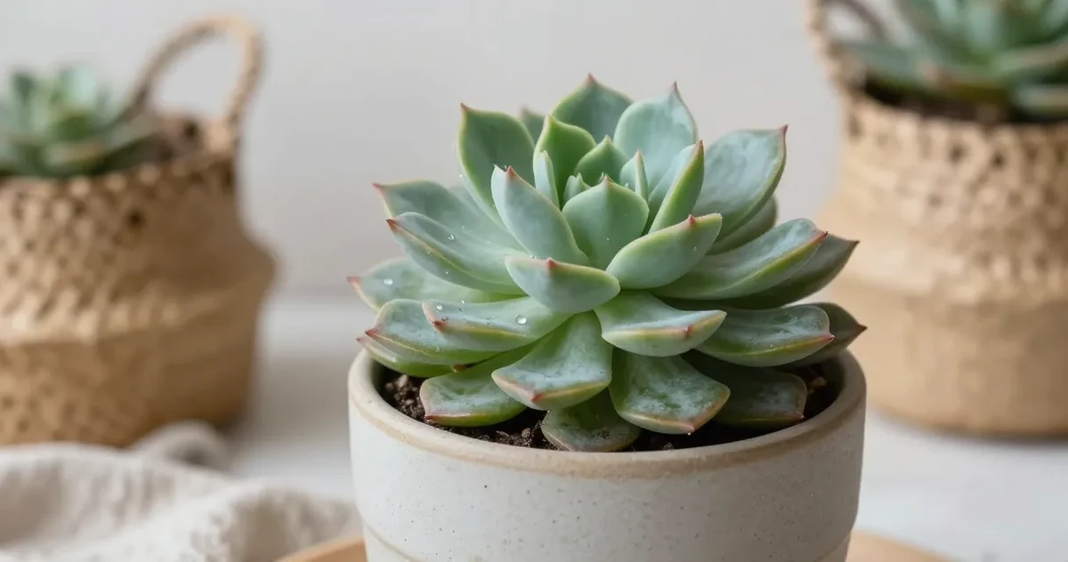 Healthy succulents in terracotta pots on a bright windowsill