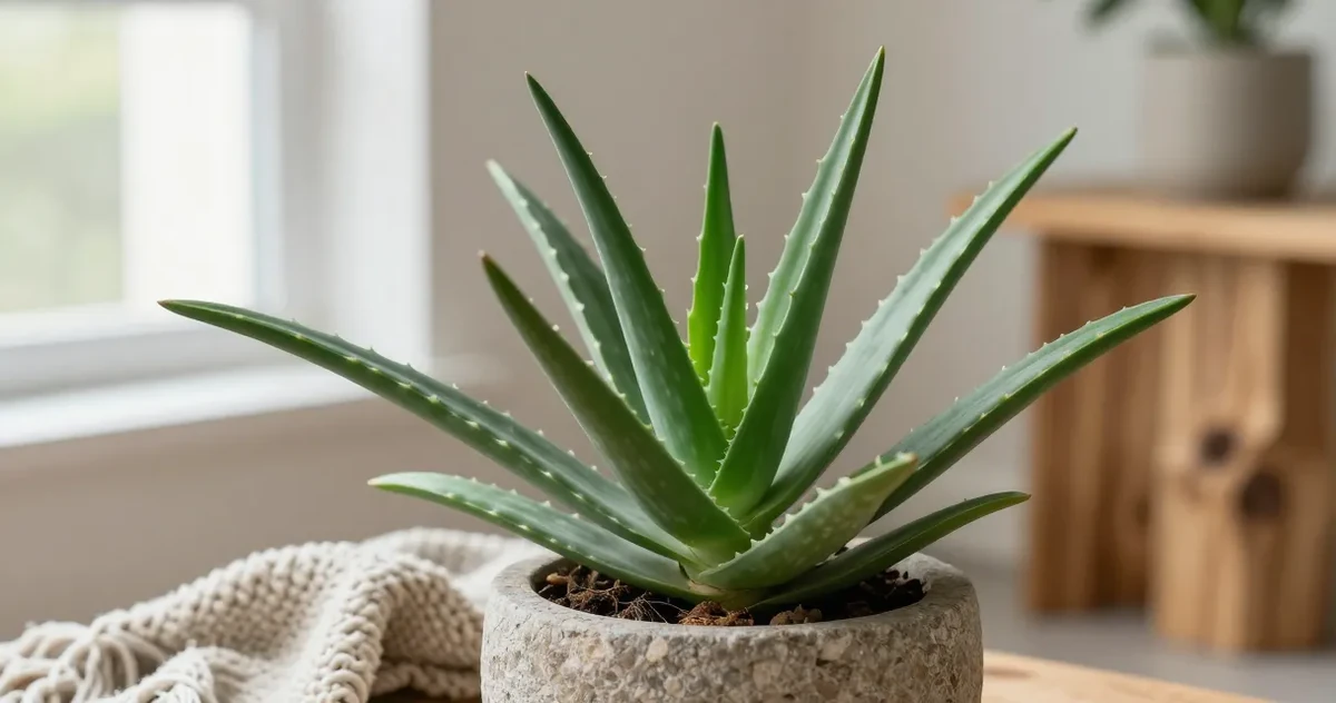 Aloe vera plant with small offsets growing around the base in a terracotta pot