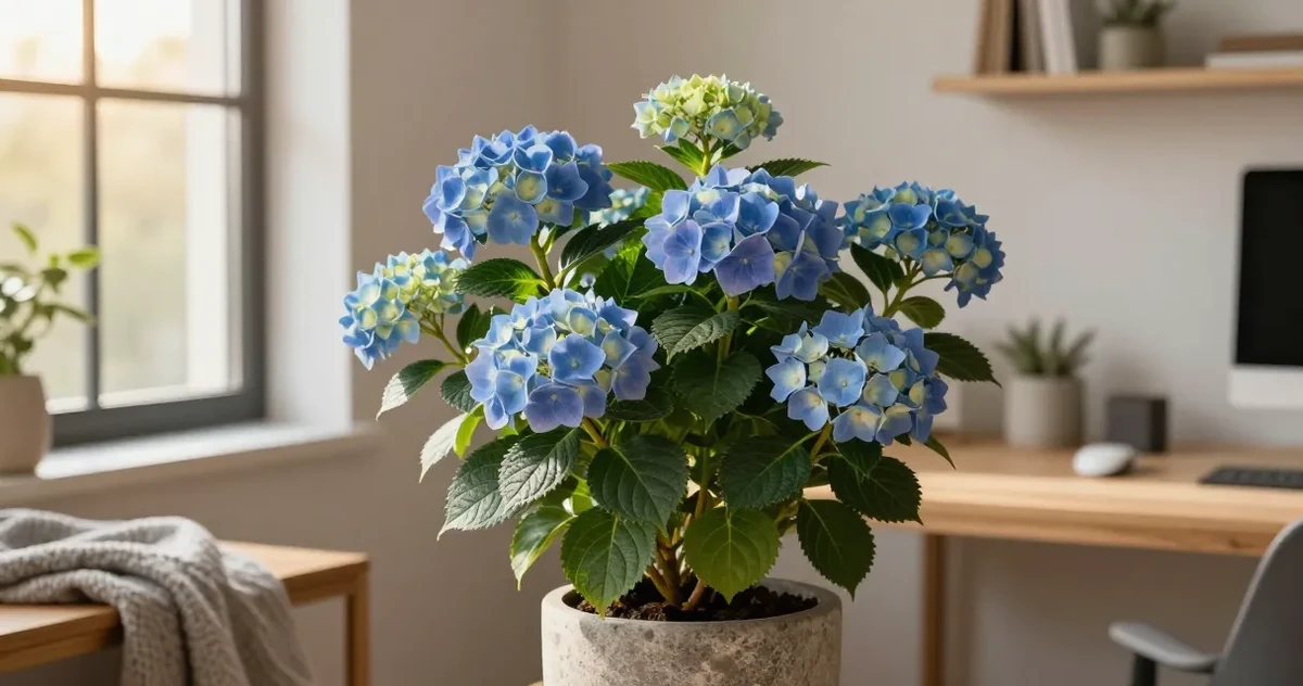 Blue and pink hydrangea blooms growing in a sunny garden bed