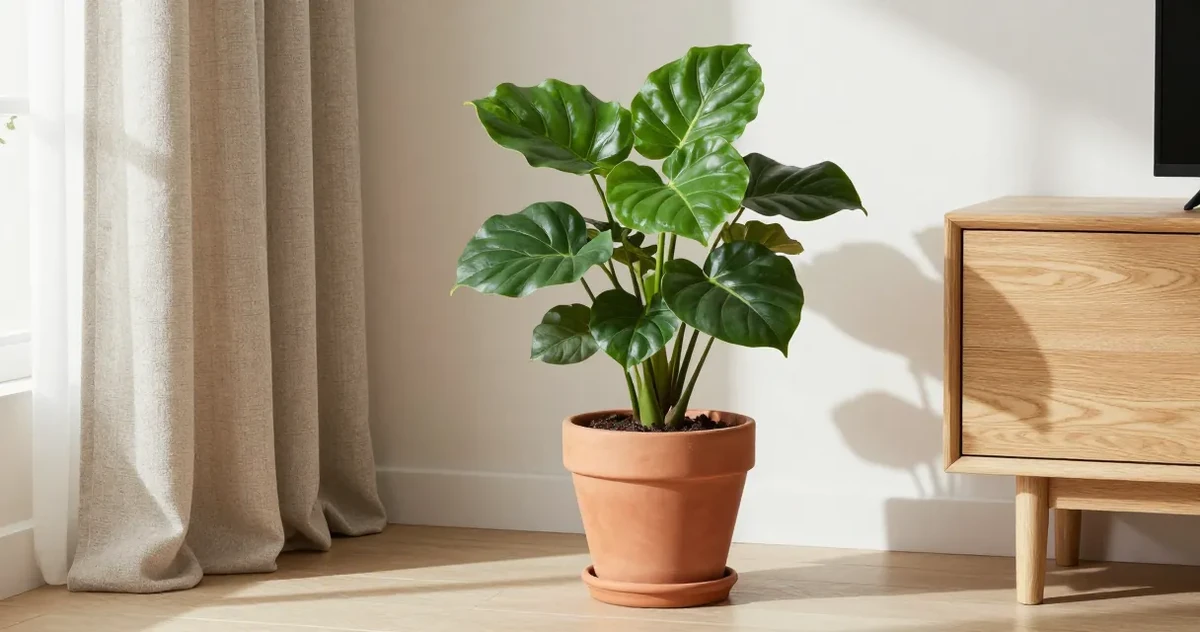 Brown bottle of 3% hydrogen peroxide next to a houseplant in a terracotta pot