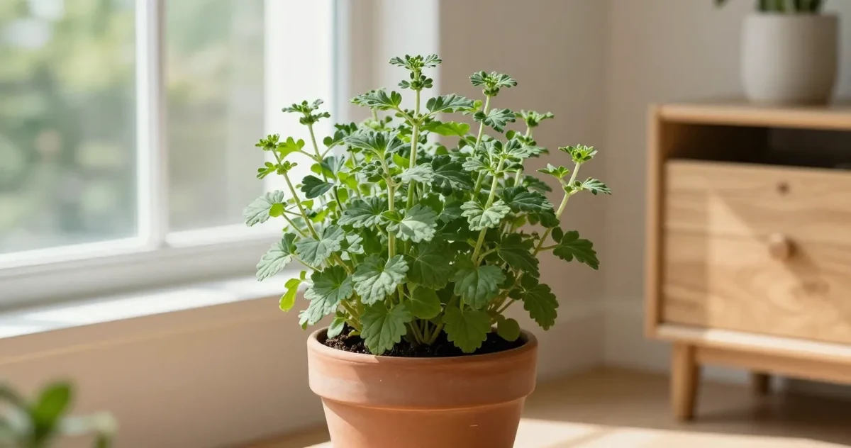 Indoor herb garden on a bright kitchen windowsill with basil, mint, and chives in terracotta pots