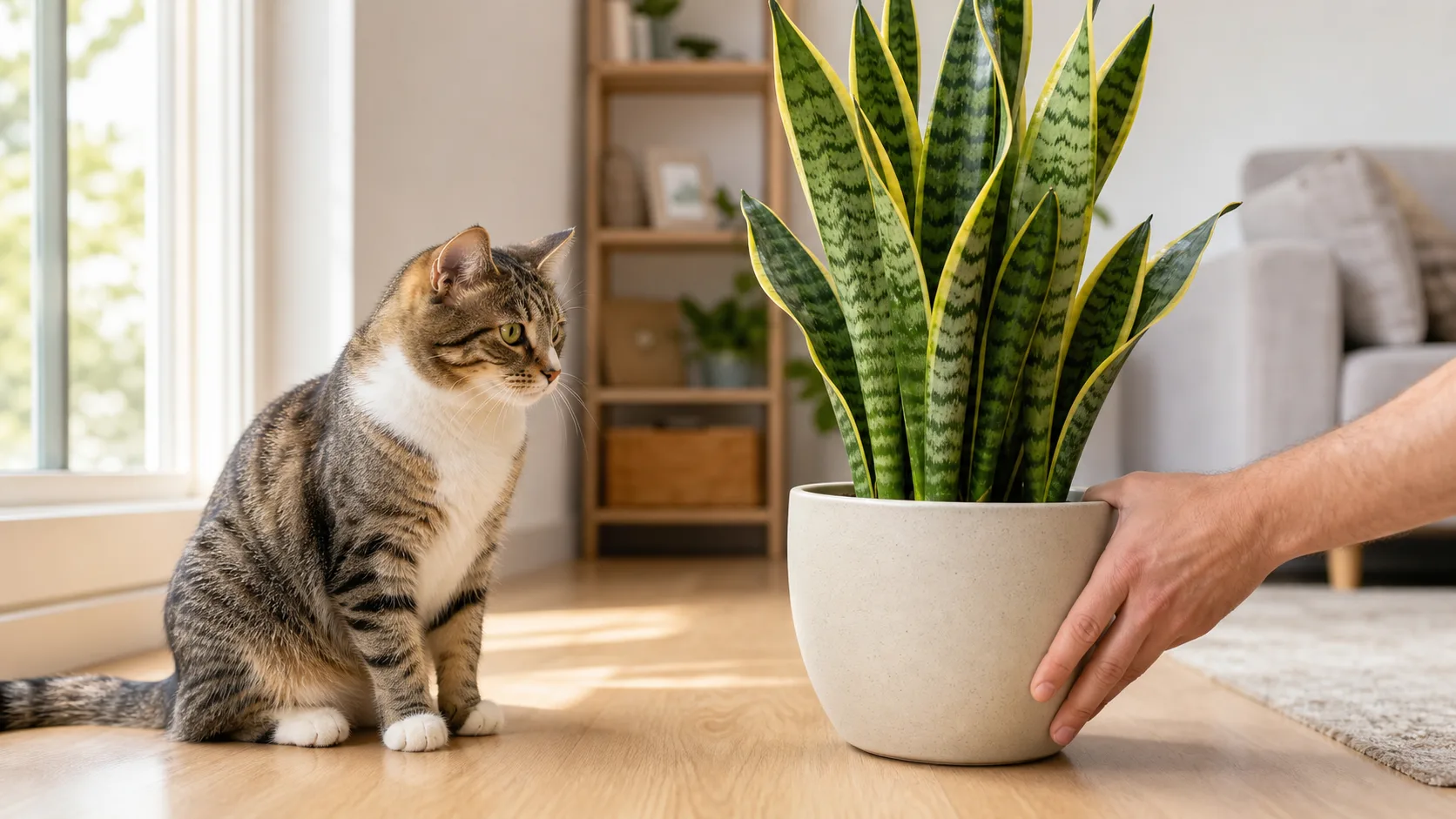 Snake plant with stiff upright leaves in a terracotta pot on a shelf