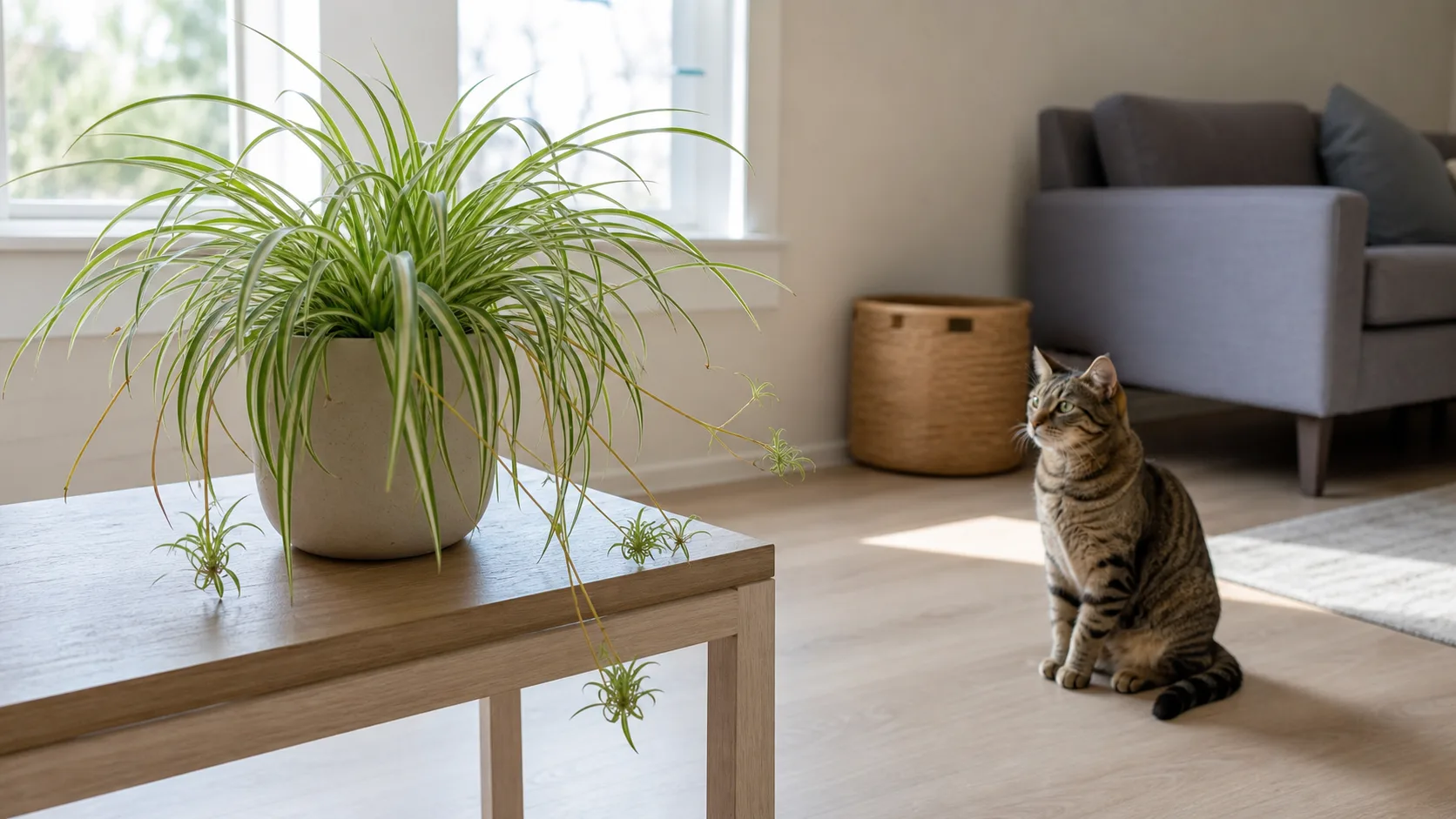 Spider plant with cascading green and white variegated leaves, a common houseplant in cat homes