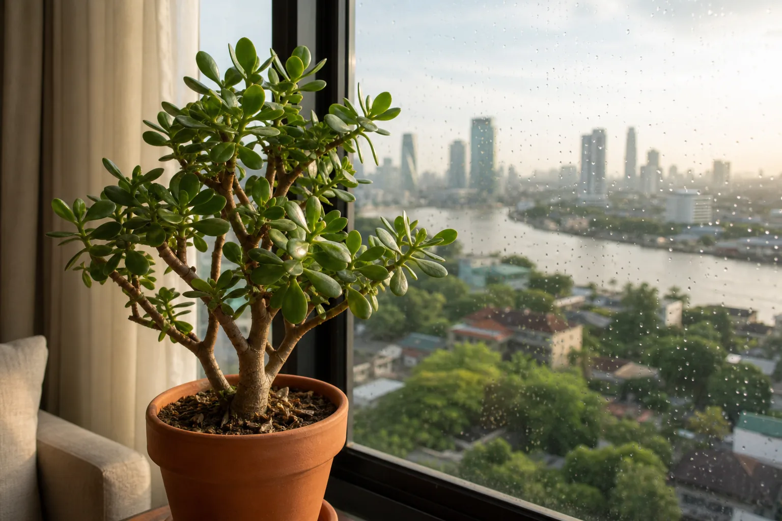 Jade plant Crassula ovata growing beside a sunny window in Bangkok
