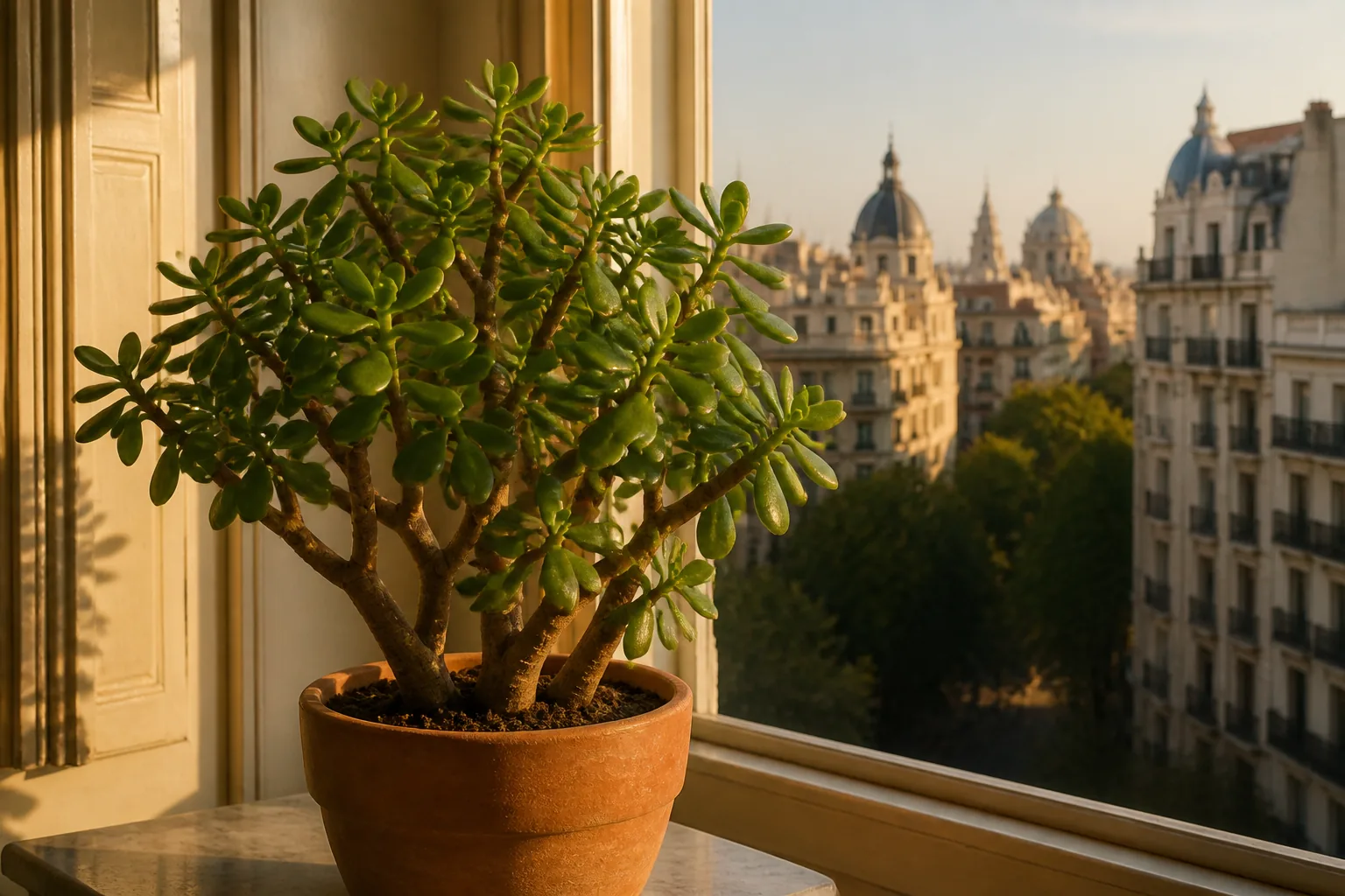 Jade plant Crassula ovata growing beside a sunny window in Buenos Aires