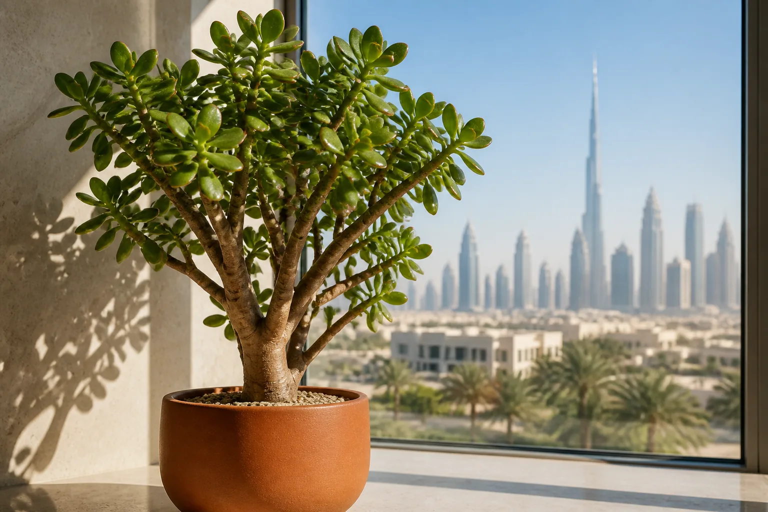 Jade plant Crassula ovata growing beside a sunny window in Dubai