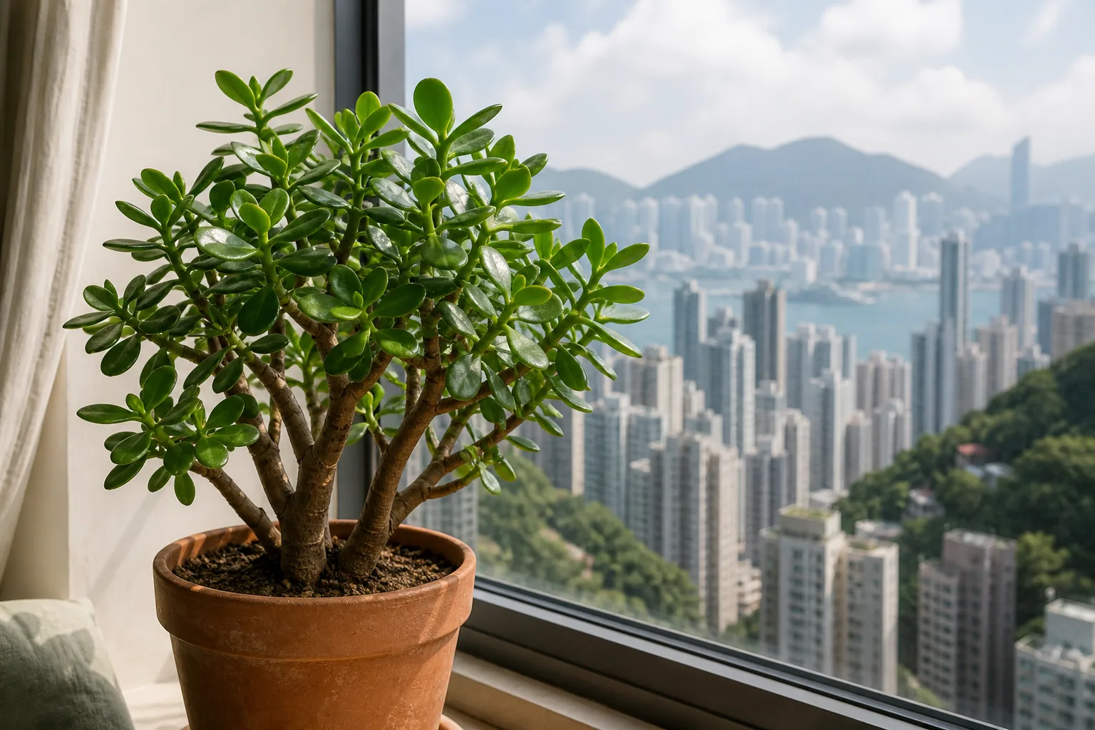 Jade plant Crassula ovata growing beside a sunny window in Hong Kong