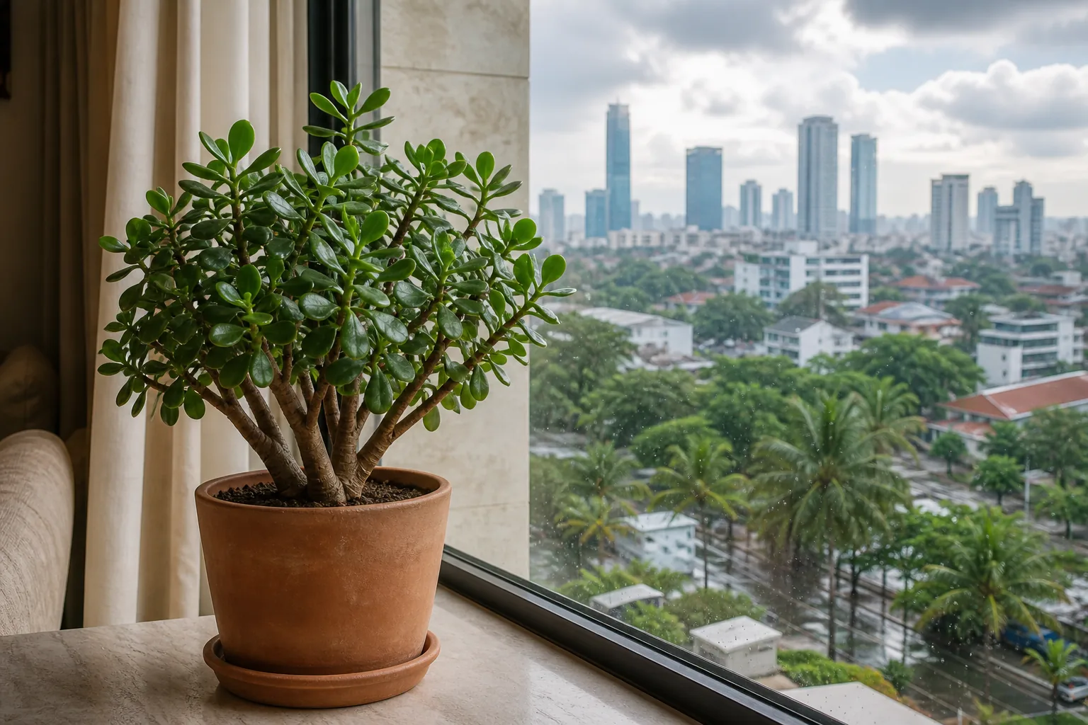 Jade plant Crassula ovata growing beside a sunny window in Jakarta