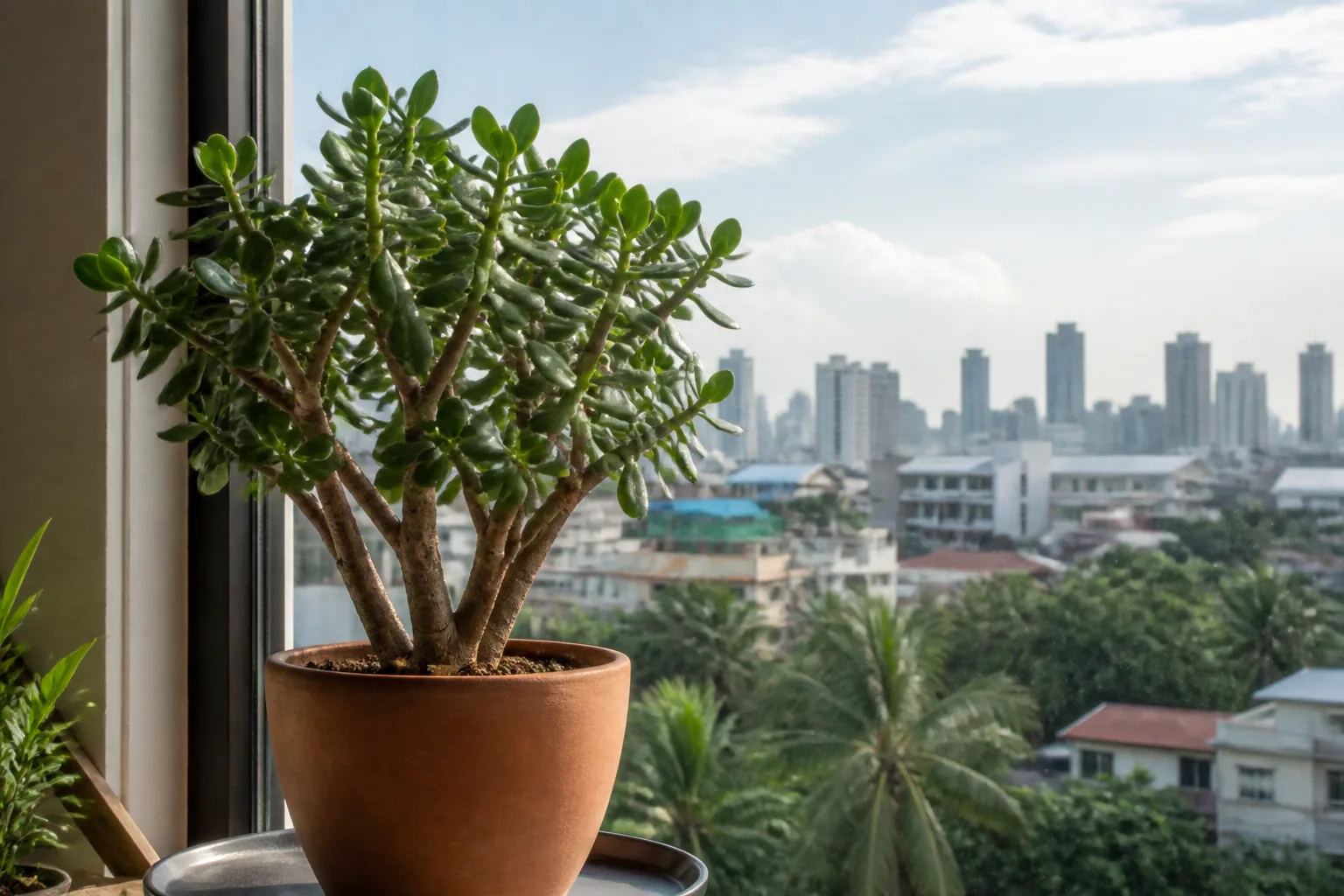 Jade plant Crassula ovata growing beside a sunny window in Manila