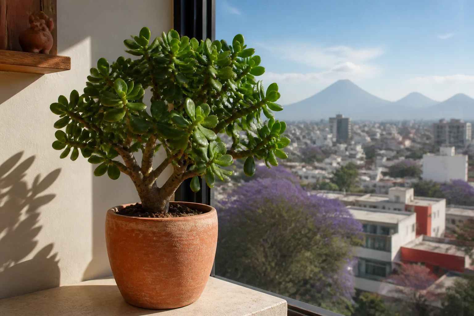 Jade plant Crassula ovata growing beside a sunny window in Mexico City