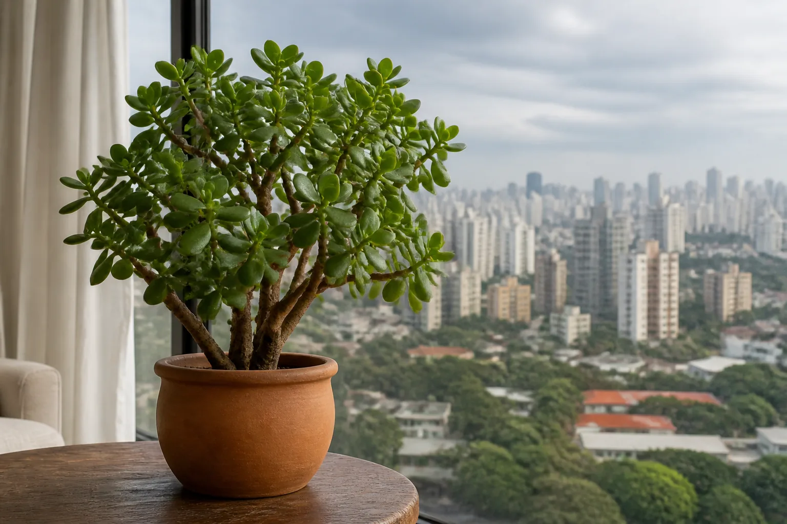 Jade plant Crassula ovata growing beside a sunny window in São Paulo
