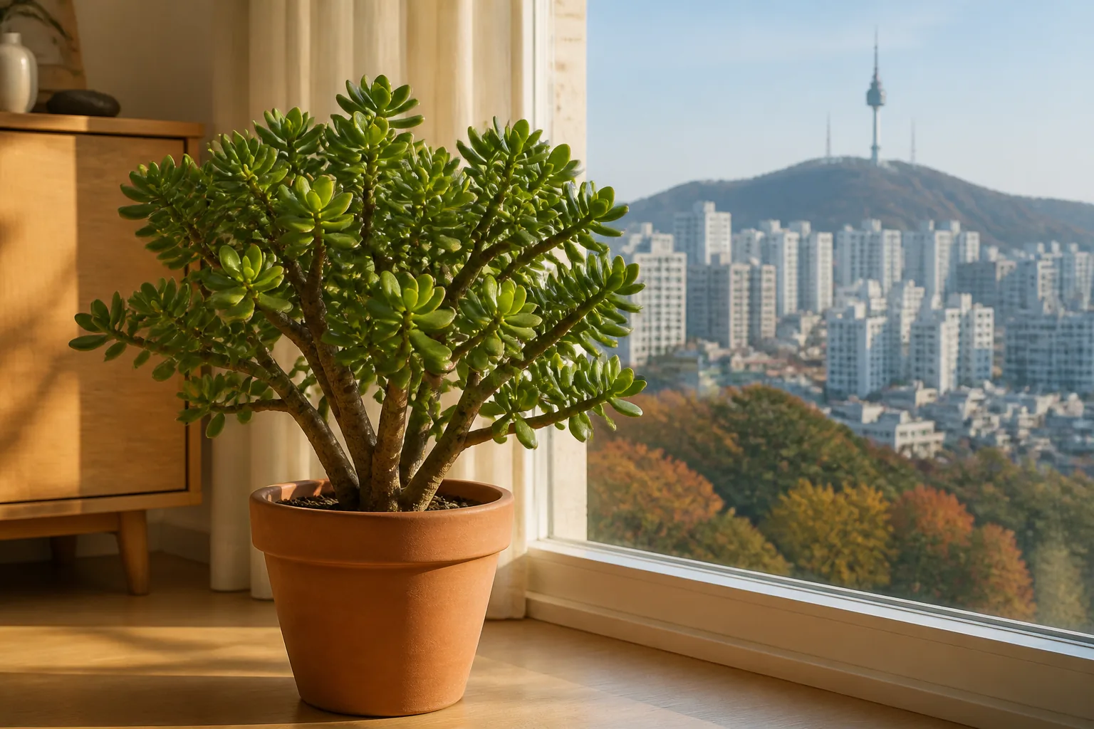 Jade plant Crassula ovata growing beside a sunny window in Seoul